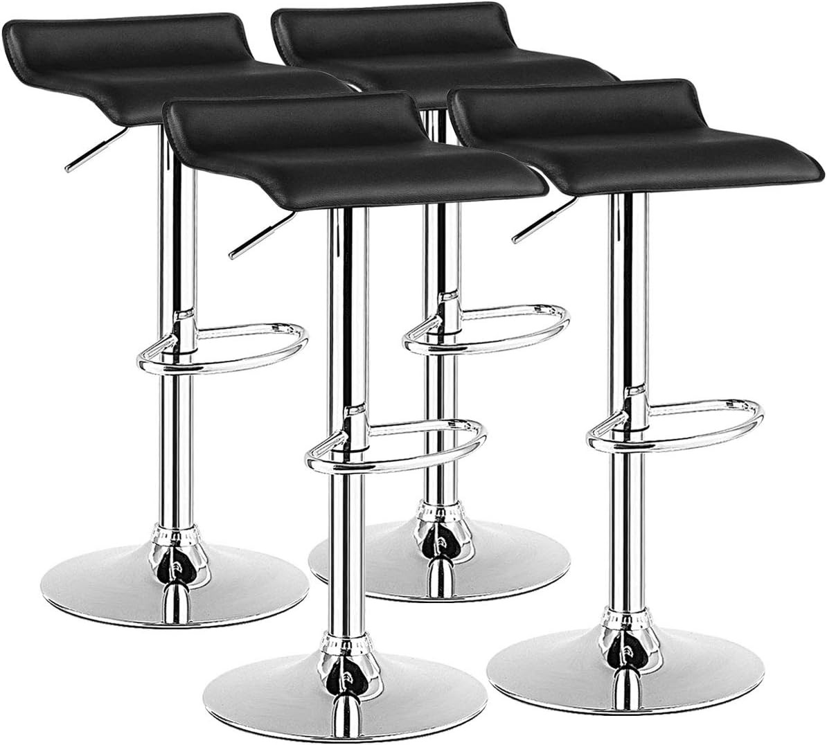 Set of 4 Modern Swivel Bar Stools, Adjustable Height, Black PU Leather