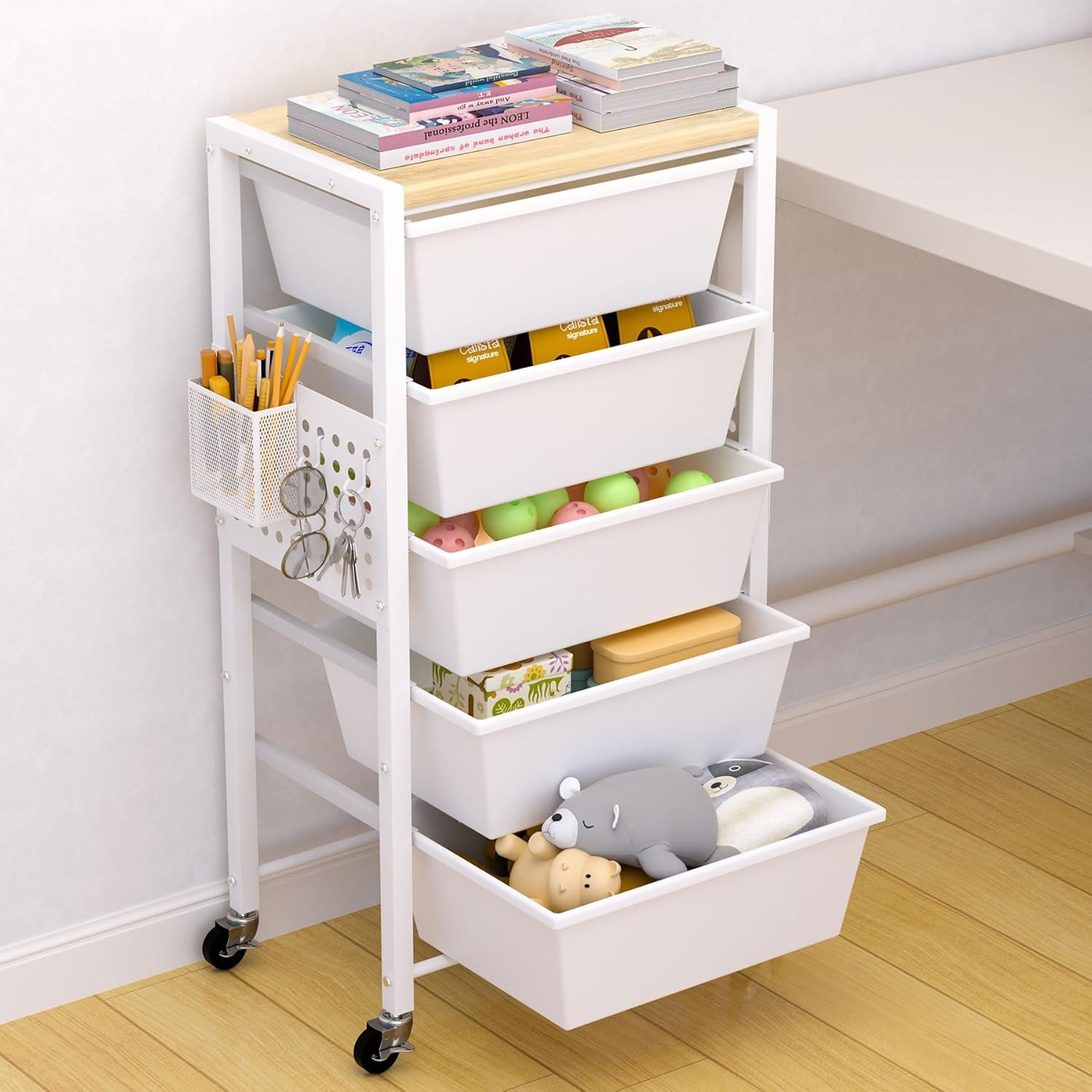 Rolling Cart with Drawers, Rolling Storage Cart with 5 Large Plastic Drawers & W