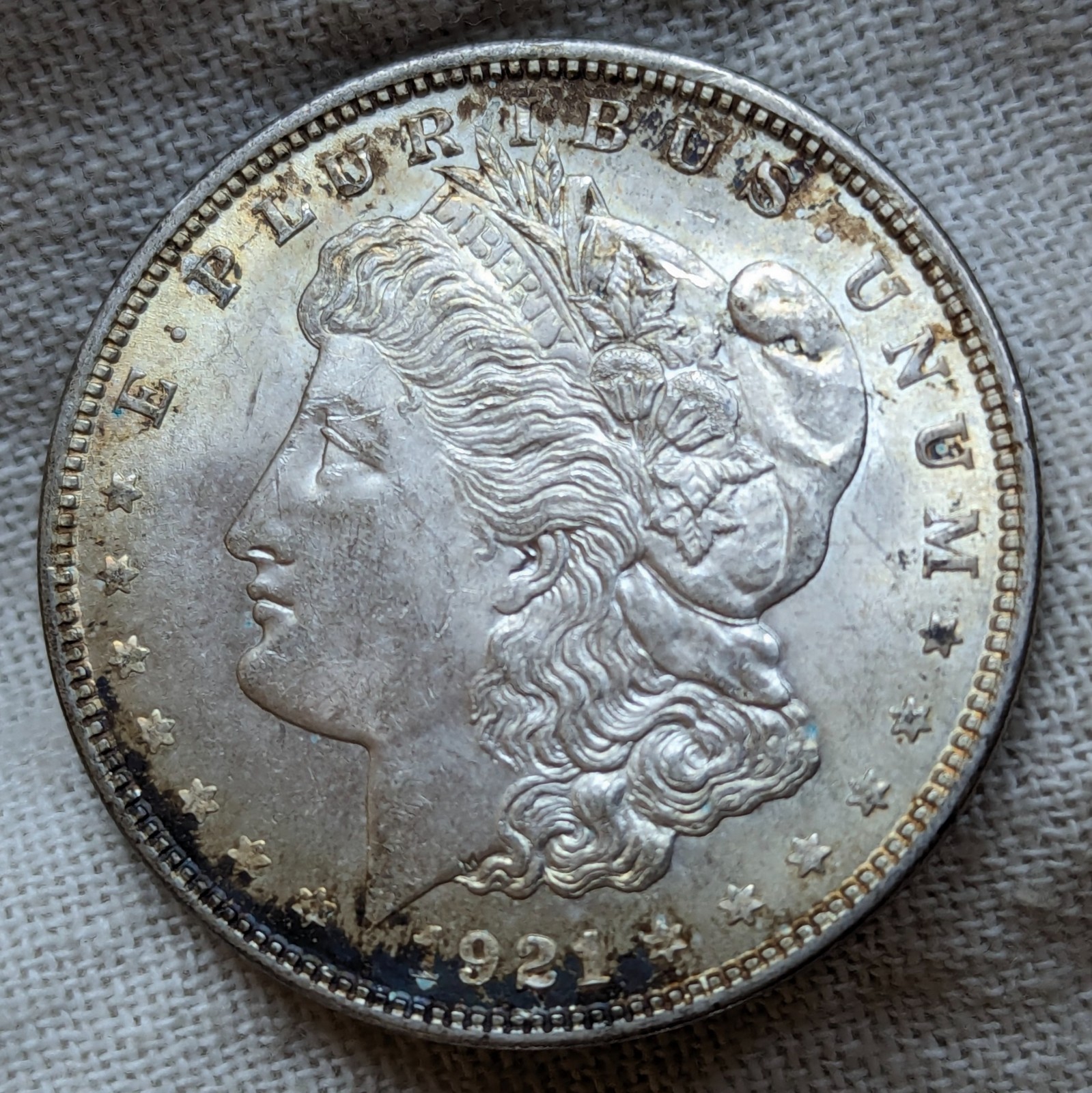1921 Morgan Dollar UNC BU MS : Toned, Lustrous, Uncirculated - .9 Fine Silver
