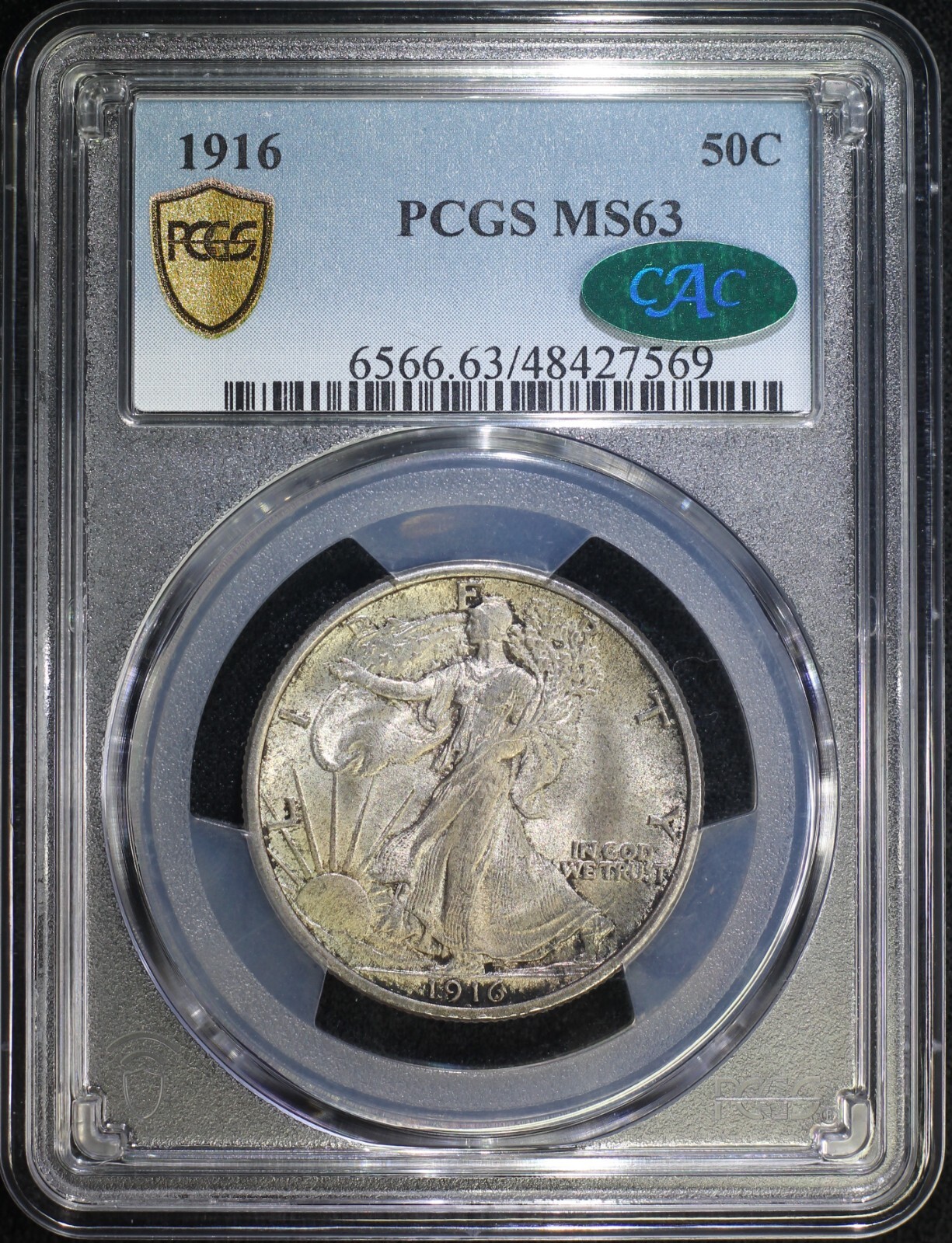 1916 P Walking Liberty Half Dollar PCGS MS63 CAC Choice BU Lustrous Toned Patina