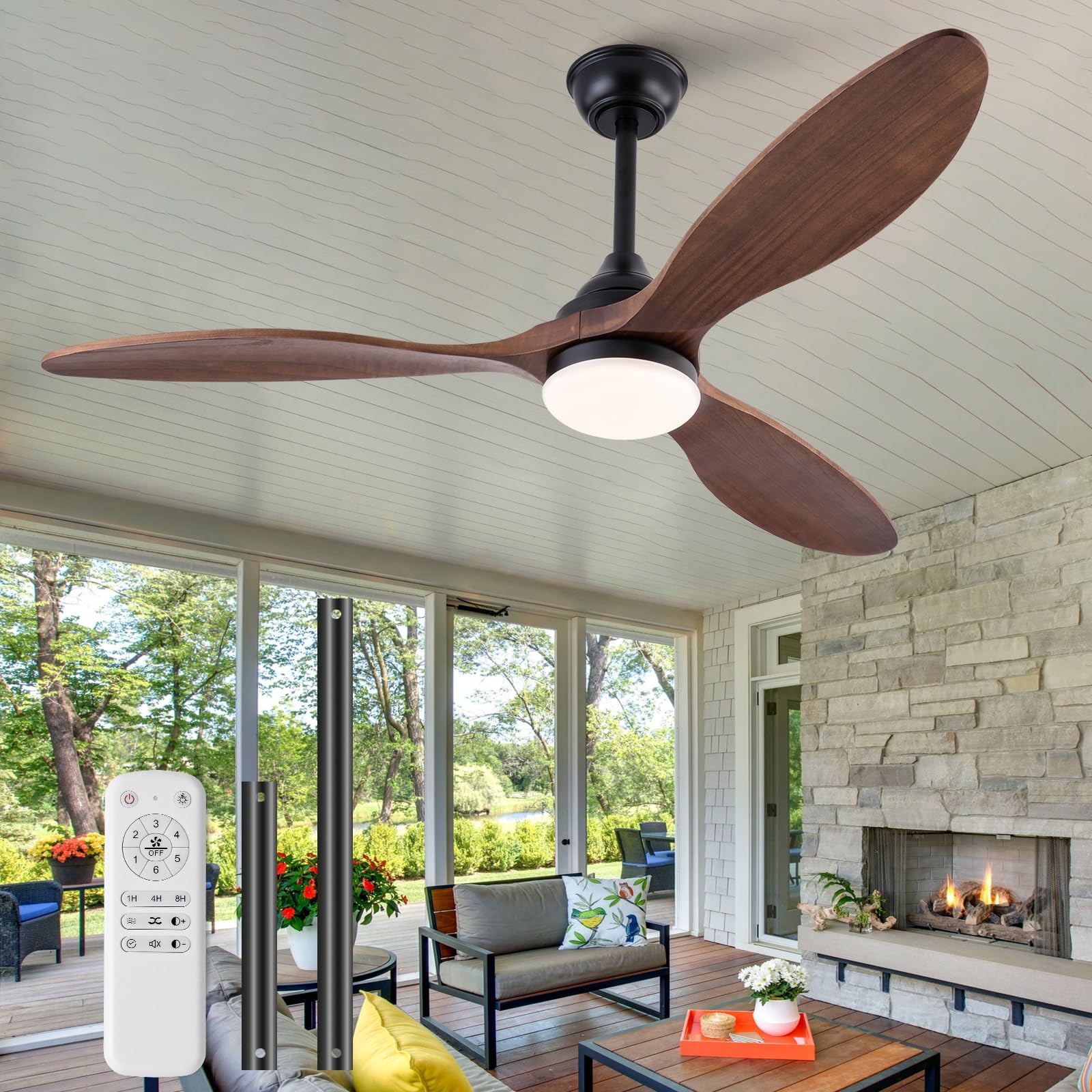 52 Inch Solid Wood Outdoor Ceiling Fans with Lights and Remote,Walnut 3 Blade...
