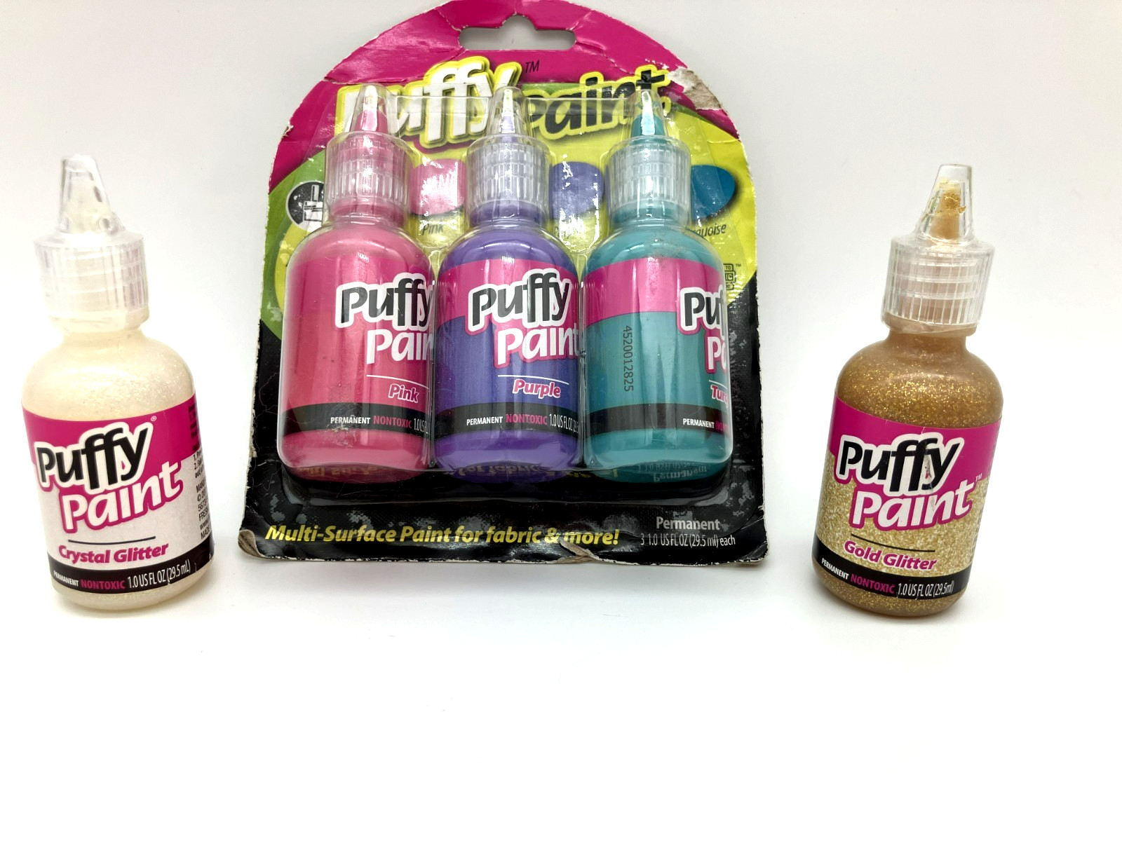 5 Bottles PUFFY PAINT by Tulip: Pink, Purple, Turquoise + Gold & Crystal Glitter