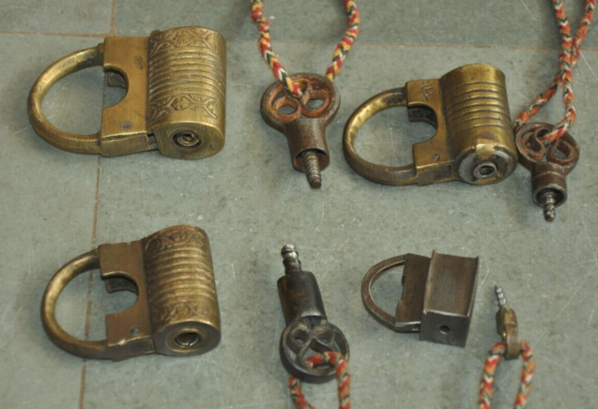 4 Pc Vintage Brass & Iron Handcrafted Different Small Unique Screw Padlocks