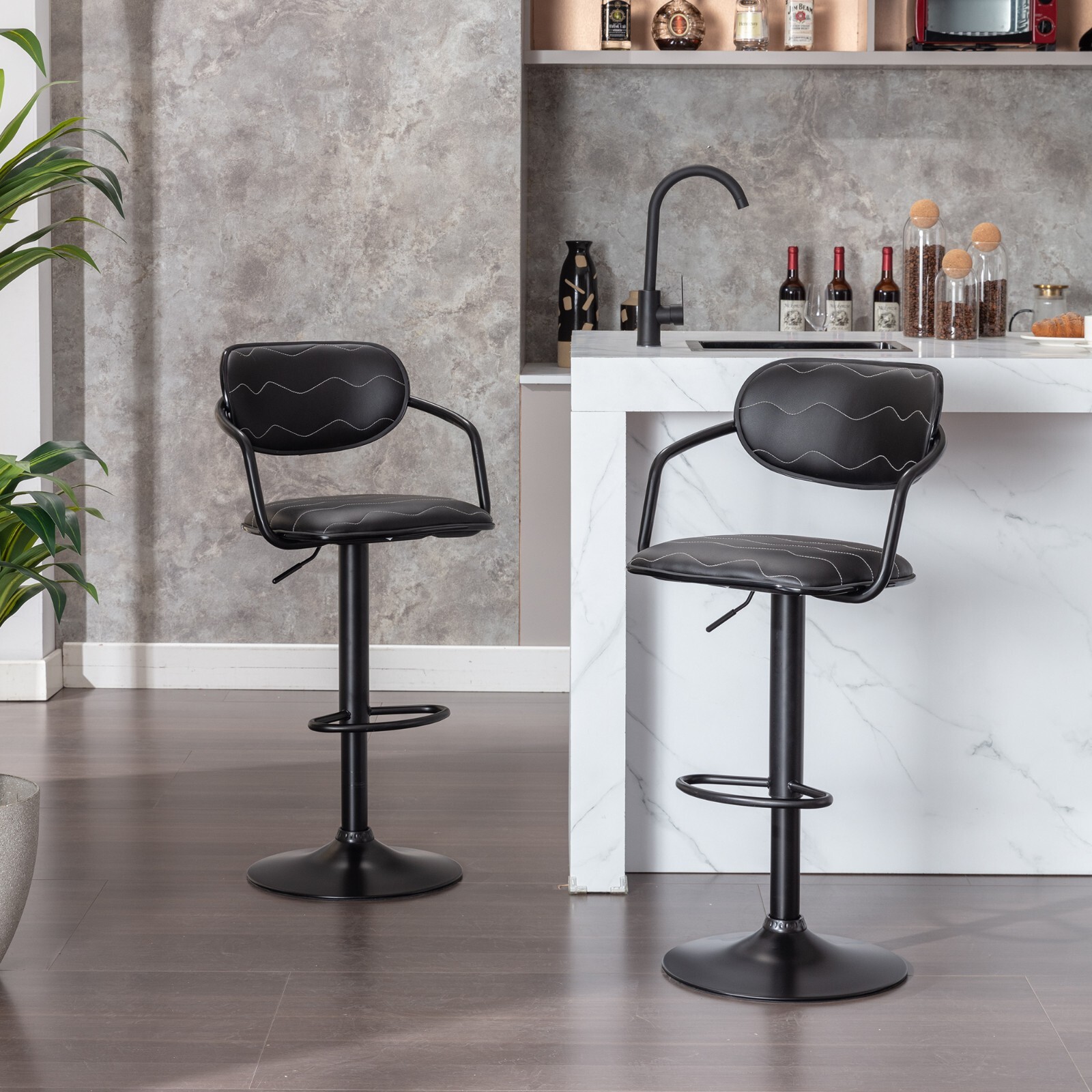 2pcs PU Leather Swivel Bar Stools Height Adjustable Padded Seat w/Armrest