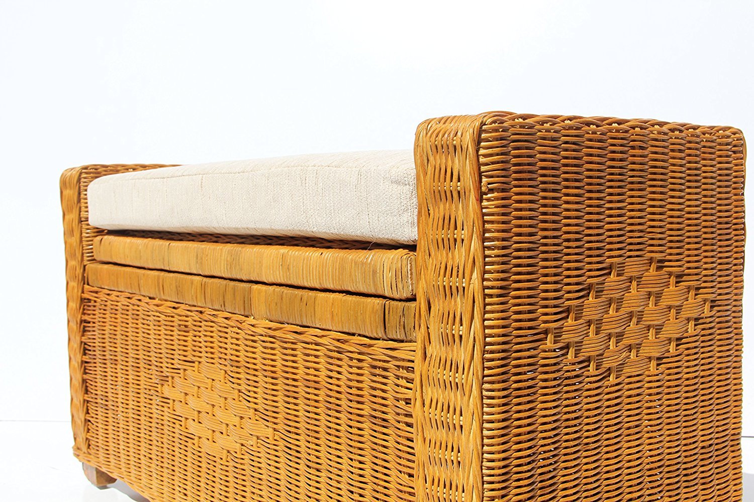 Handmade Rectangular Chest Ottoman Bruno Rattan Wicker w/ Cushion 32", Cognac