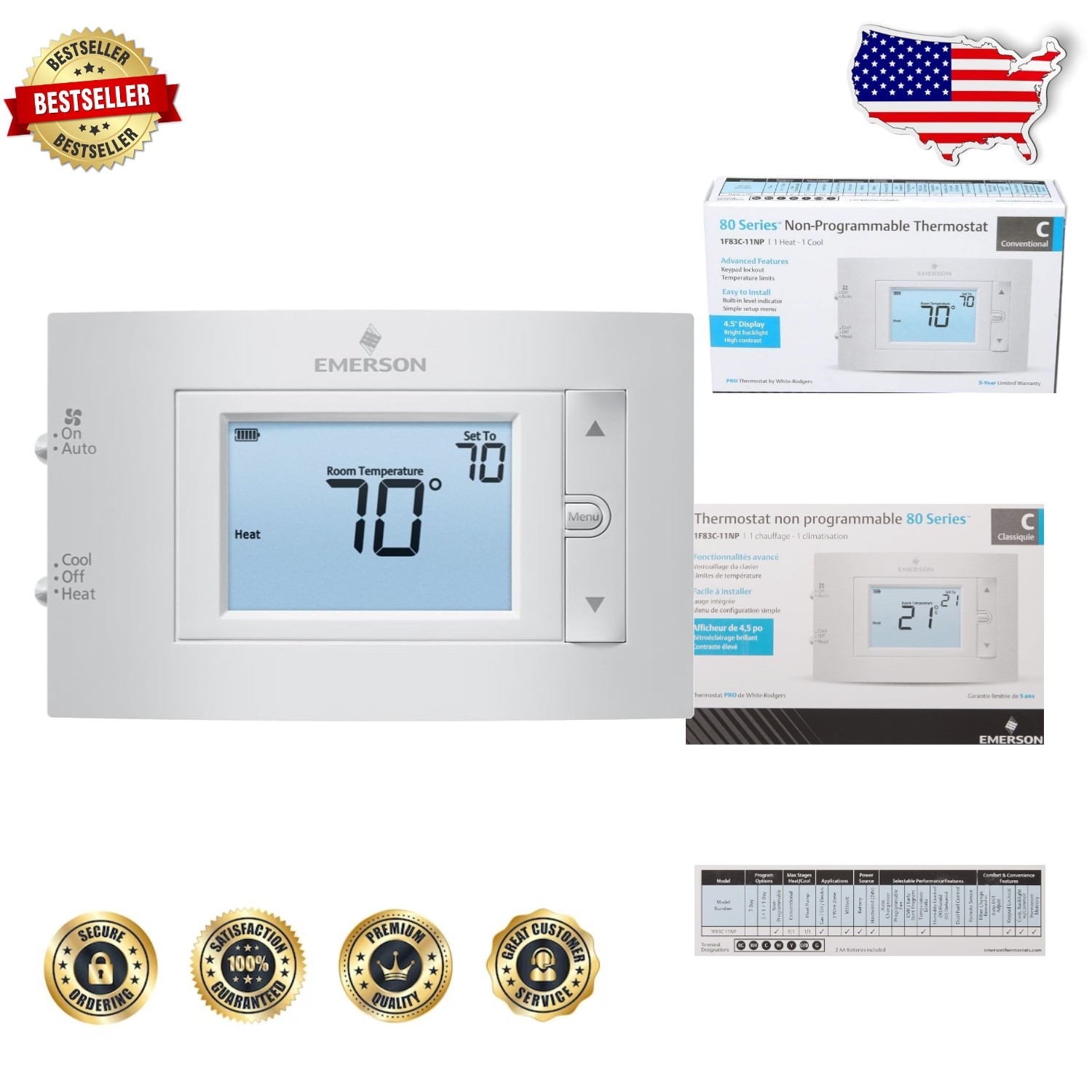 New Emerson 1F83C-11NP Thermostat | 1H/1C Heat Pump, Filter Alert, LCD Display