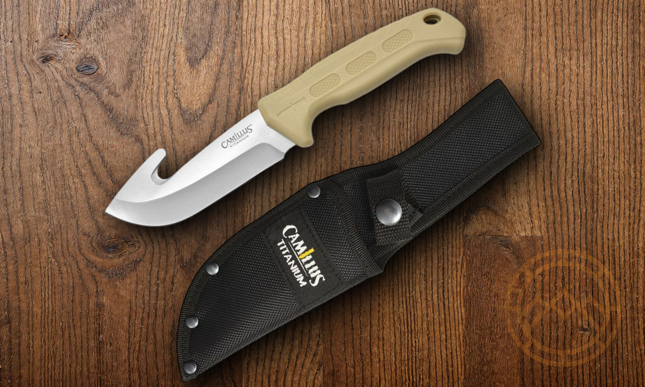 Camillus Roto Fixed Knife 4" Full Tang 420 Steel Guthook Blade Tan TPR Handle