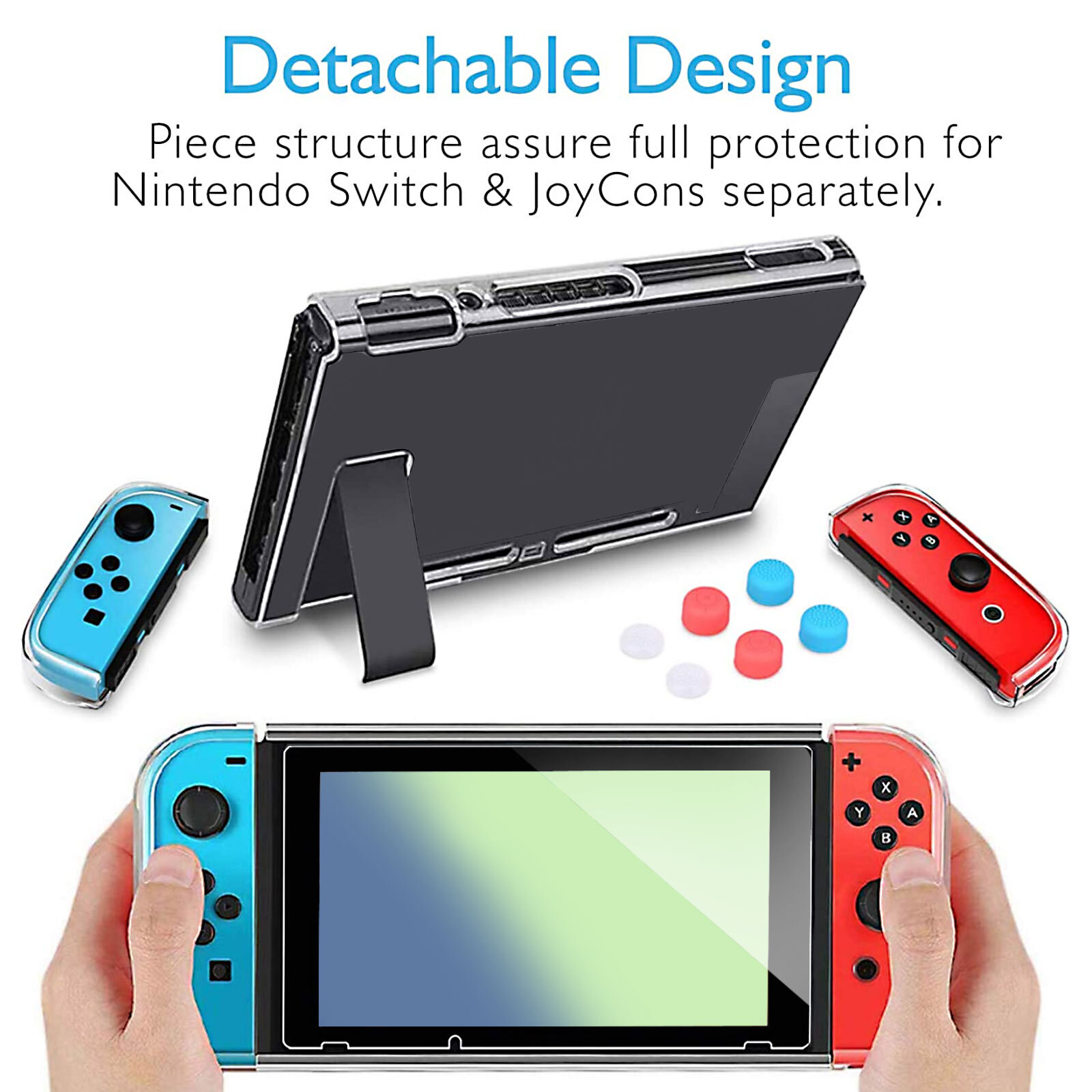 Protective Clear Hard Case+Screen Protector +Thumb Grip Caps for Nintendo Switch