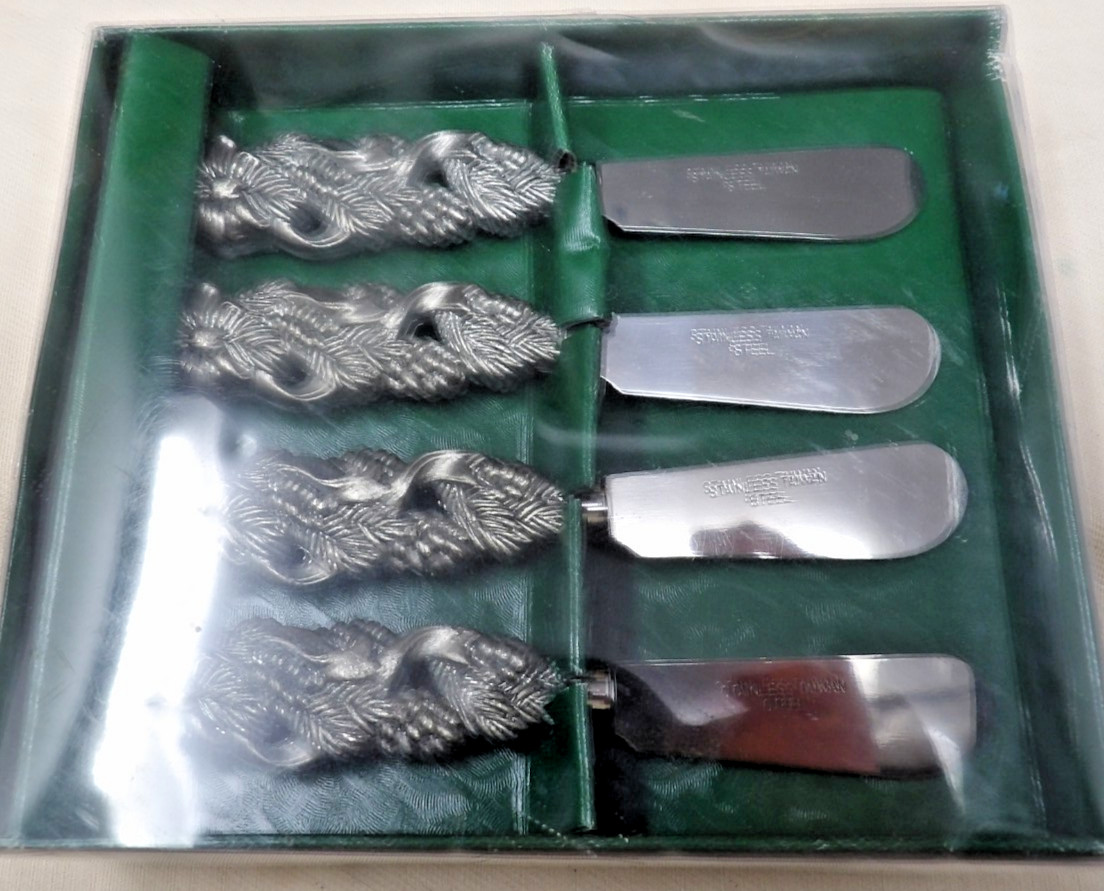 NIB 4pc Set of Grape Cluster Pewter Handle w/Stainless Blade 5" Spreader Knives