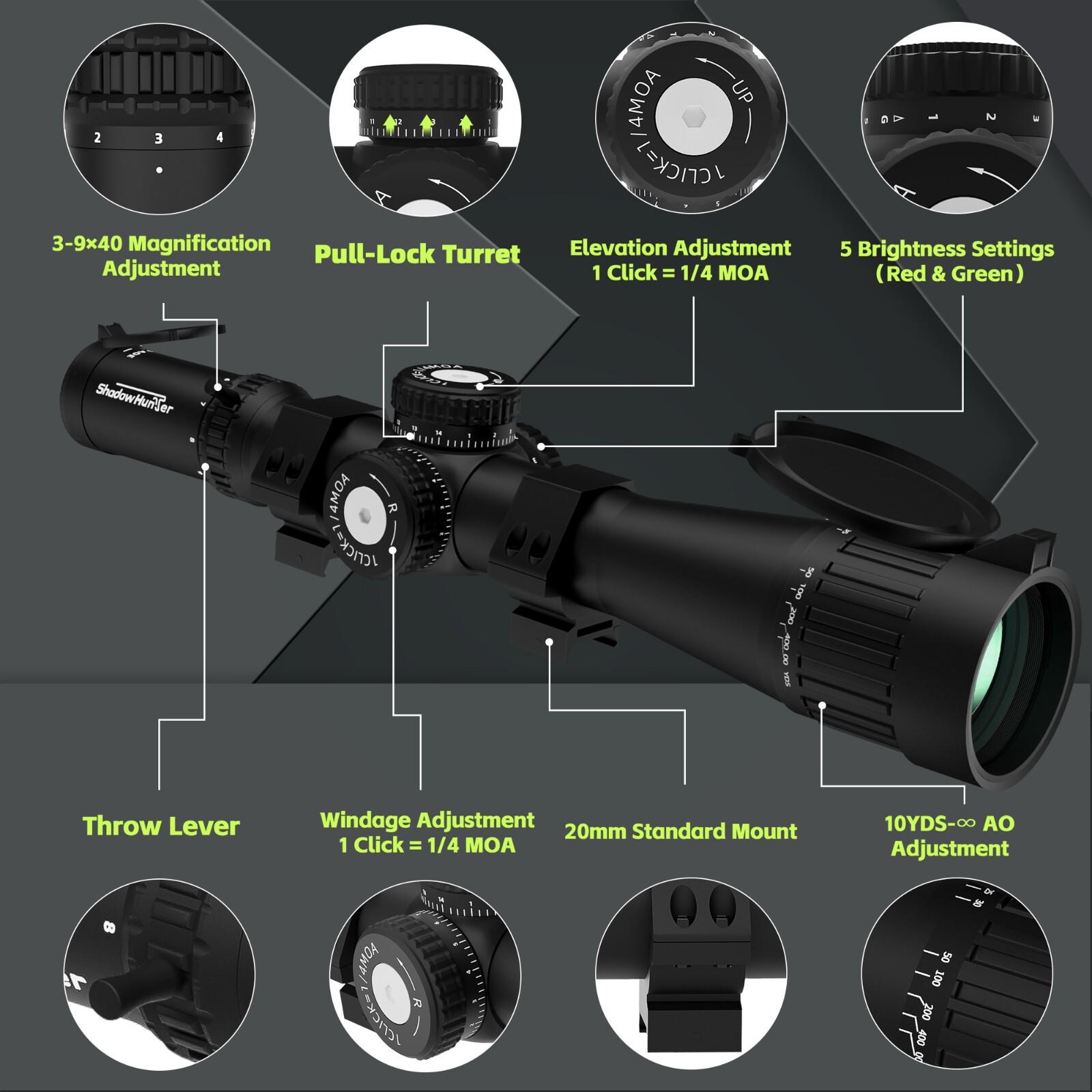 3-9x40 AO Rifle Scope for Hunt, with 30mm Tube, Zero Reset & Parallax Adjustment