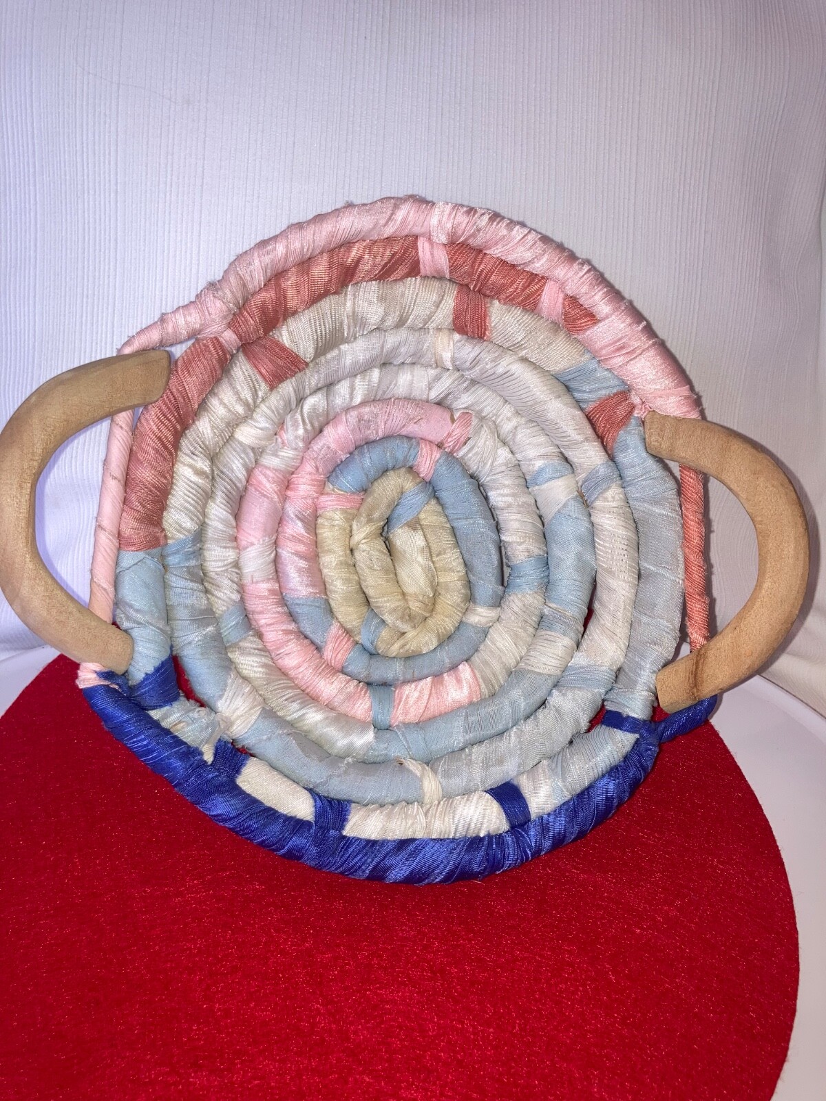 HANDMADE Rolled Rag Fabric Basket Wood Handles GIFT Quality PINKS & BLUES Round