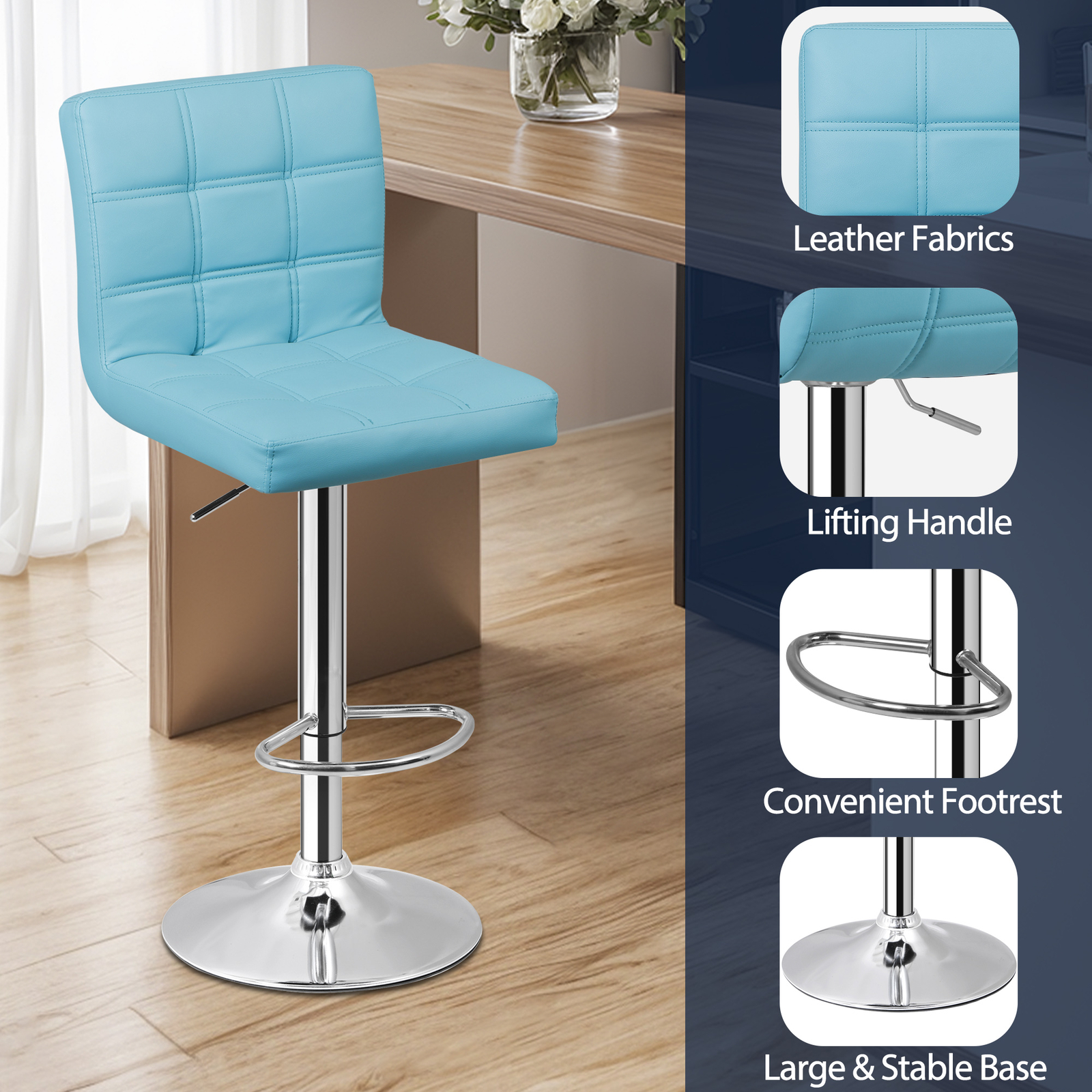 2PCS Bar Stools Blue PU Leather Height Adjustable Swivel Barstools Armless