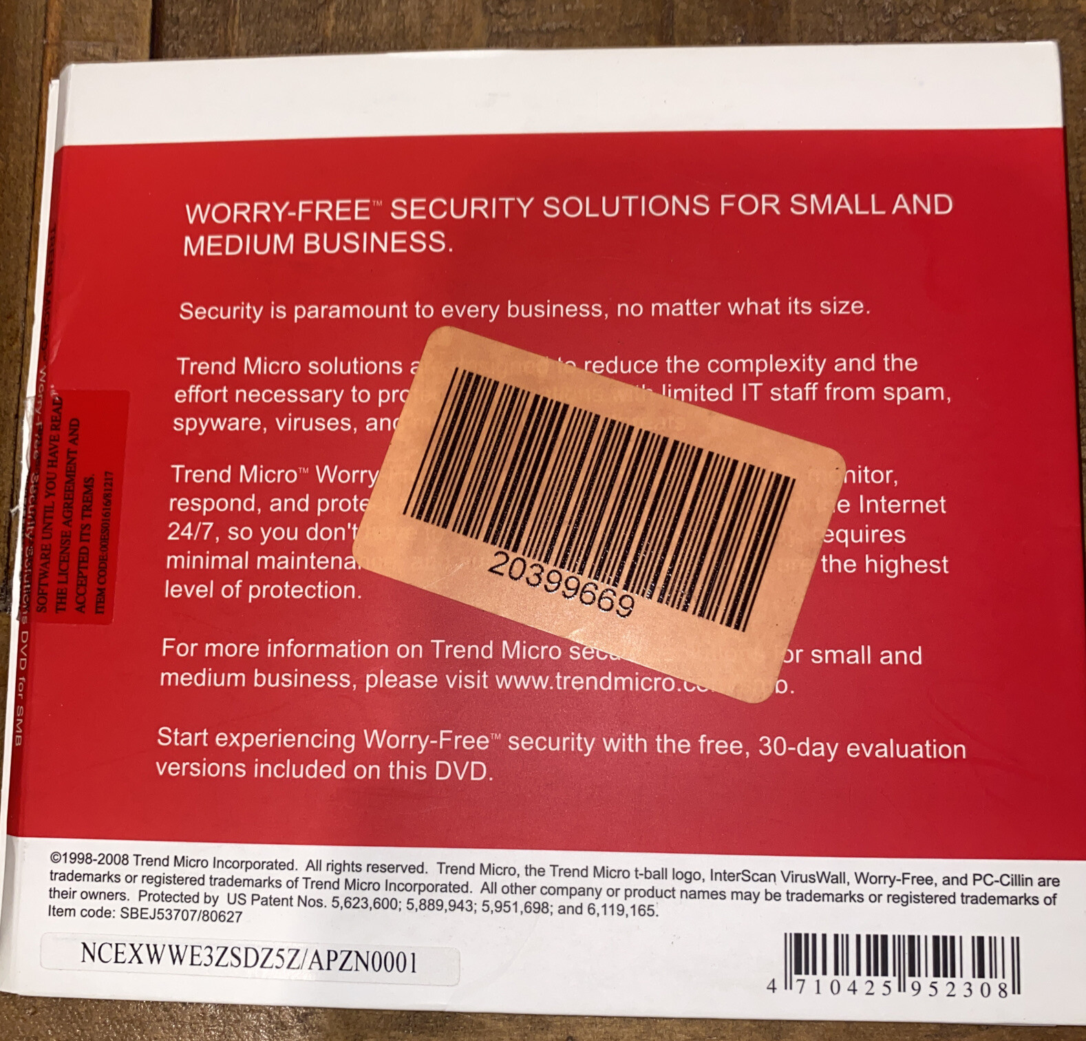 Trend Micro Worry-Free Security Solutions DVD SBEC33188 | Used - Good Condition