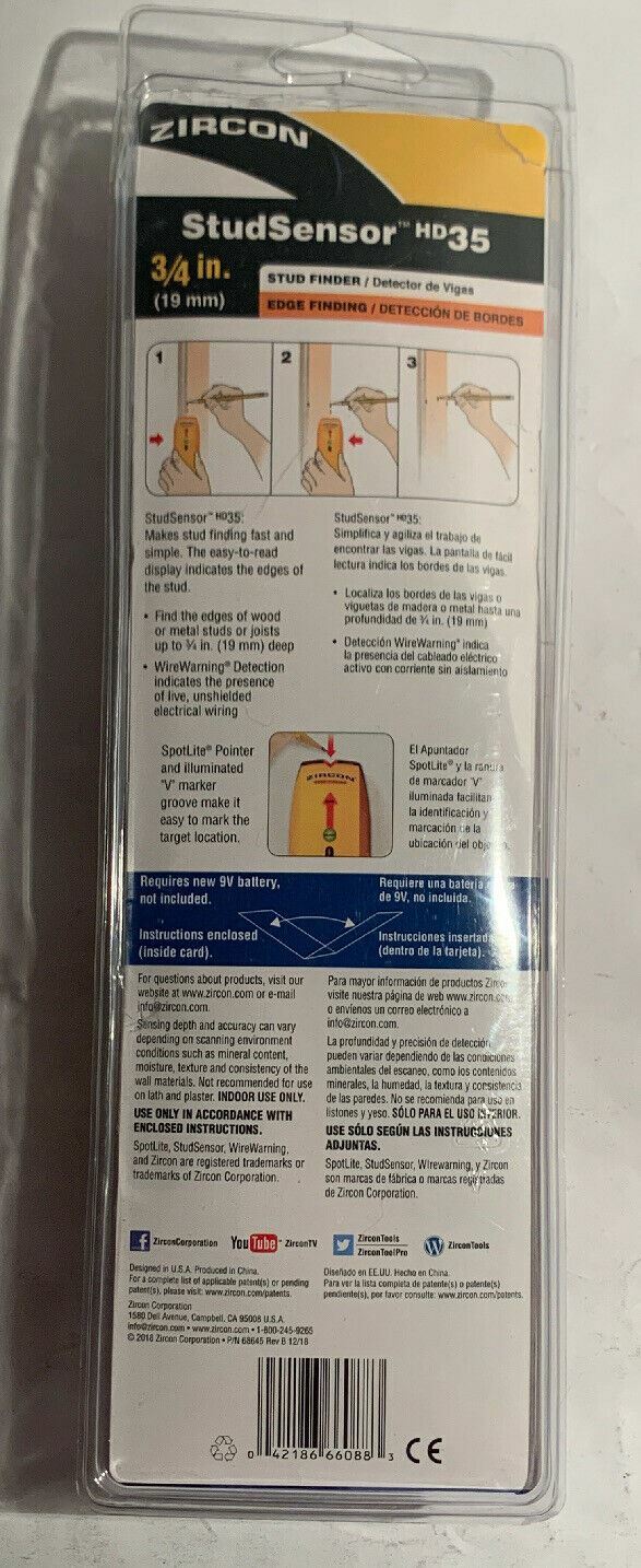 ZIRCON HD35 StudSensor Stud Finder Wire Detection Sealed But Damaged Package