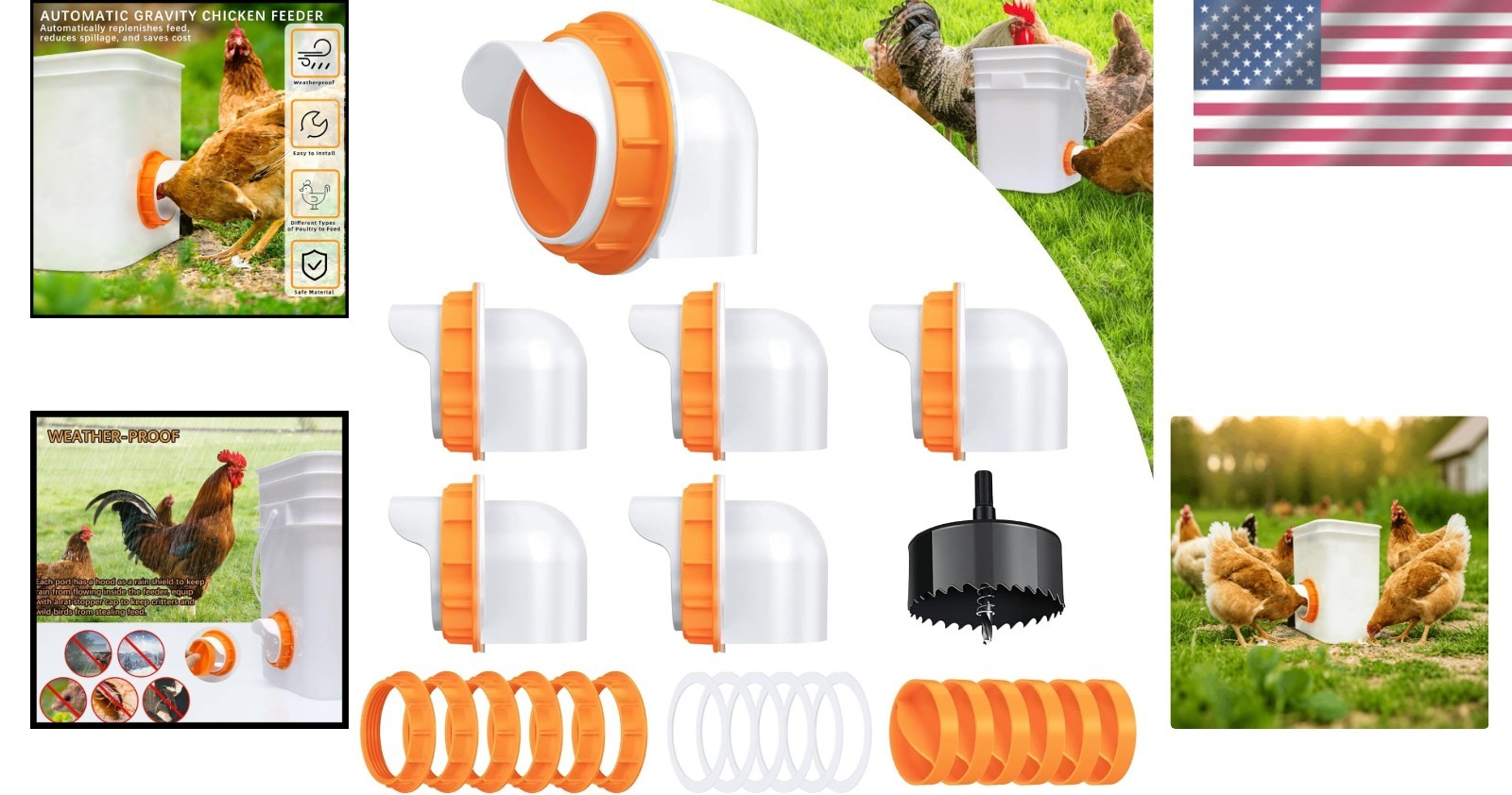Efficient No Waste Chicken Feeder | 6 Pack with Waterproof Covers & Accessories