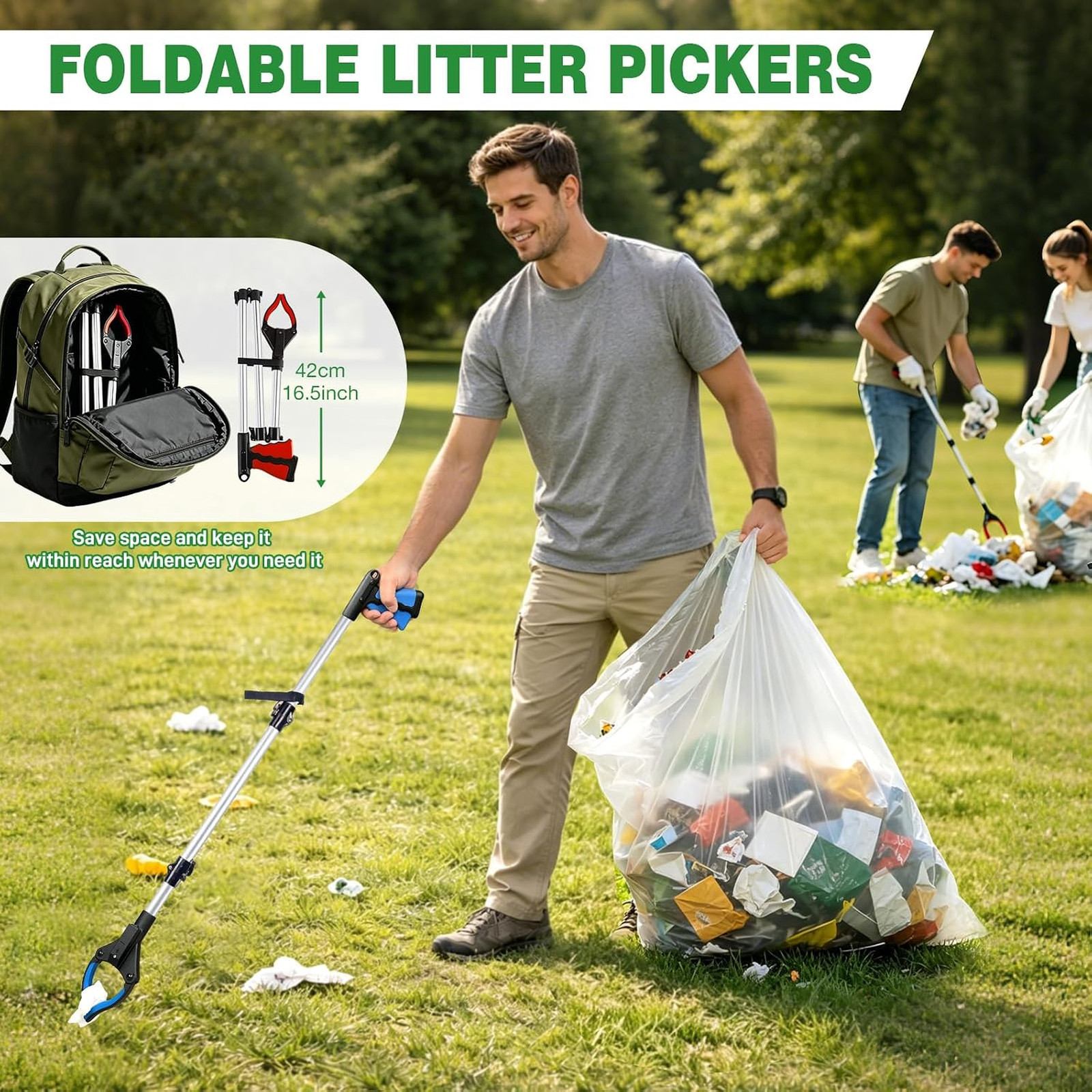 2-Pack Grabber Reacher Tool, 44 Inch Extra Long Foldable Pickup, Light, Heavy