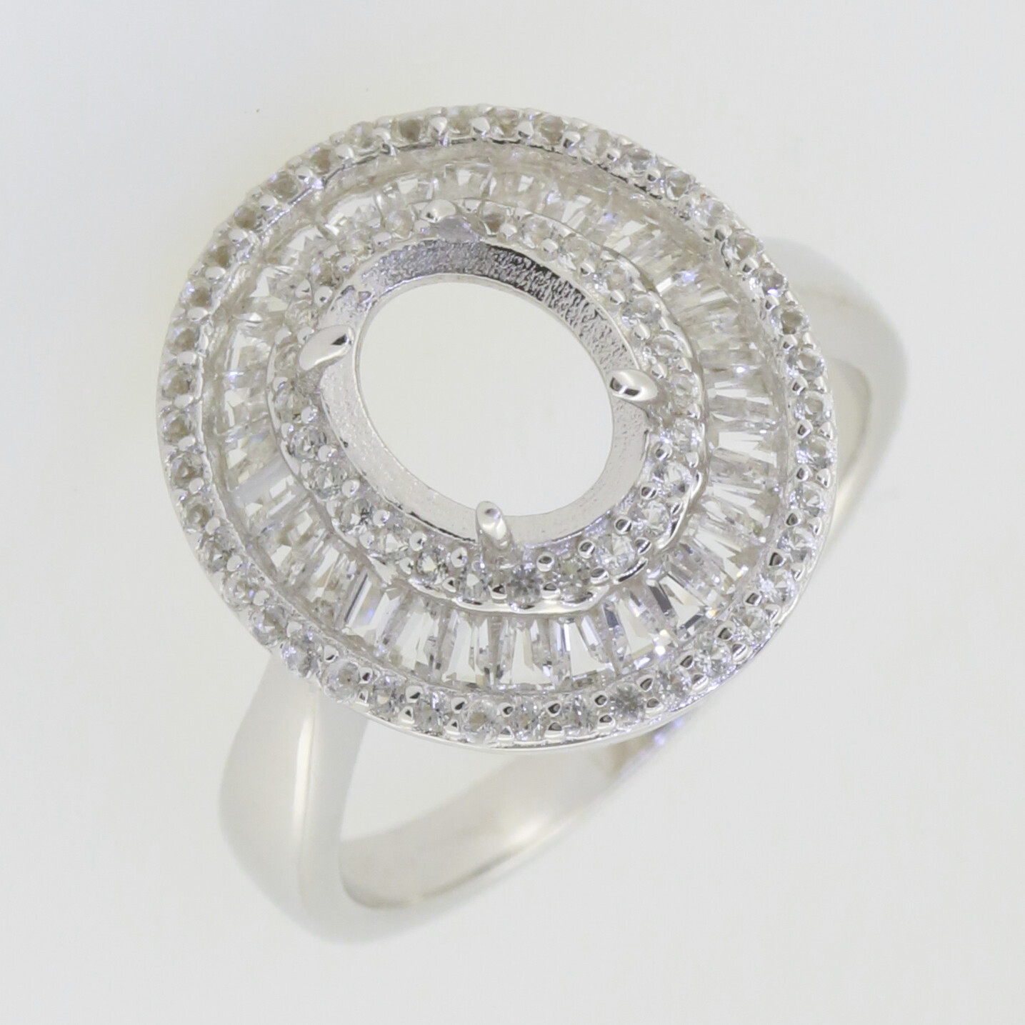 Sterling Silver Semi Mount Ring Setting Oval OV 9x7mm Baguette Triple