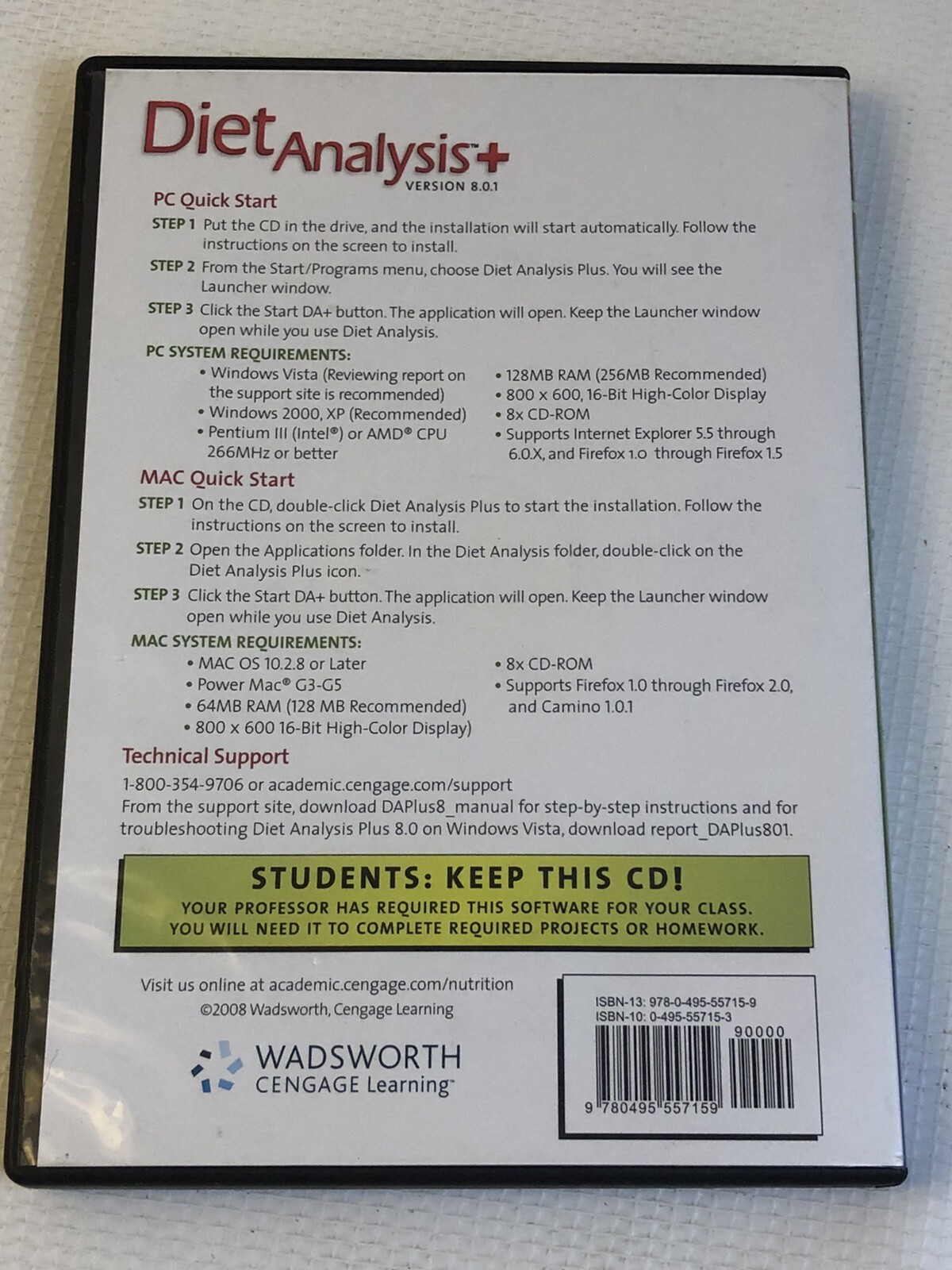 Diet Data Analysis Plus + Version 8.0.1 CD-ROM Windows Mac XP Vista 7 Wadsworth