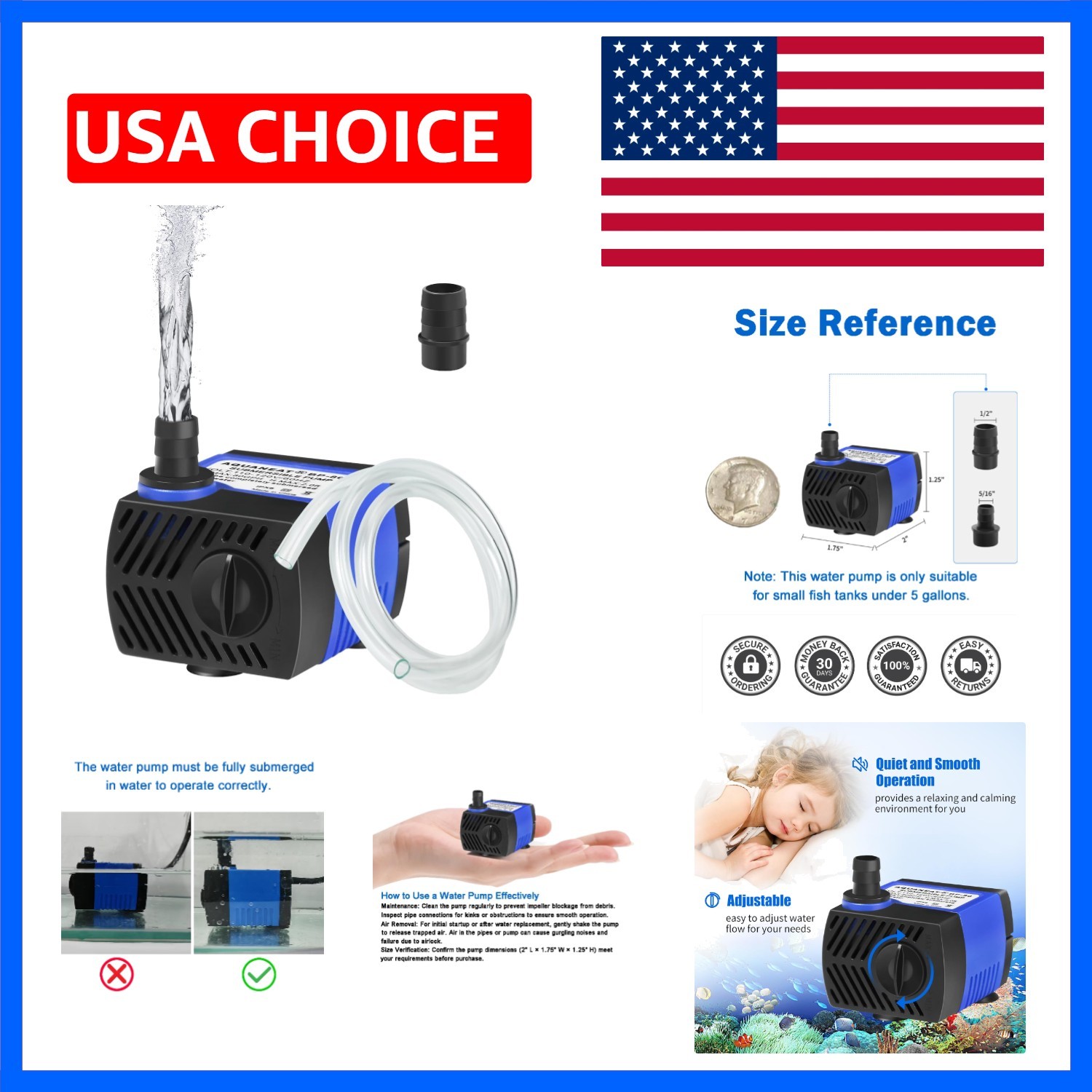 Small Fountain Pump, 80 GPH Mini Submersible Water Pump with 3.3 ft Tubing, f...
