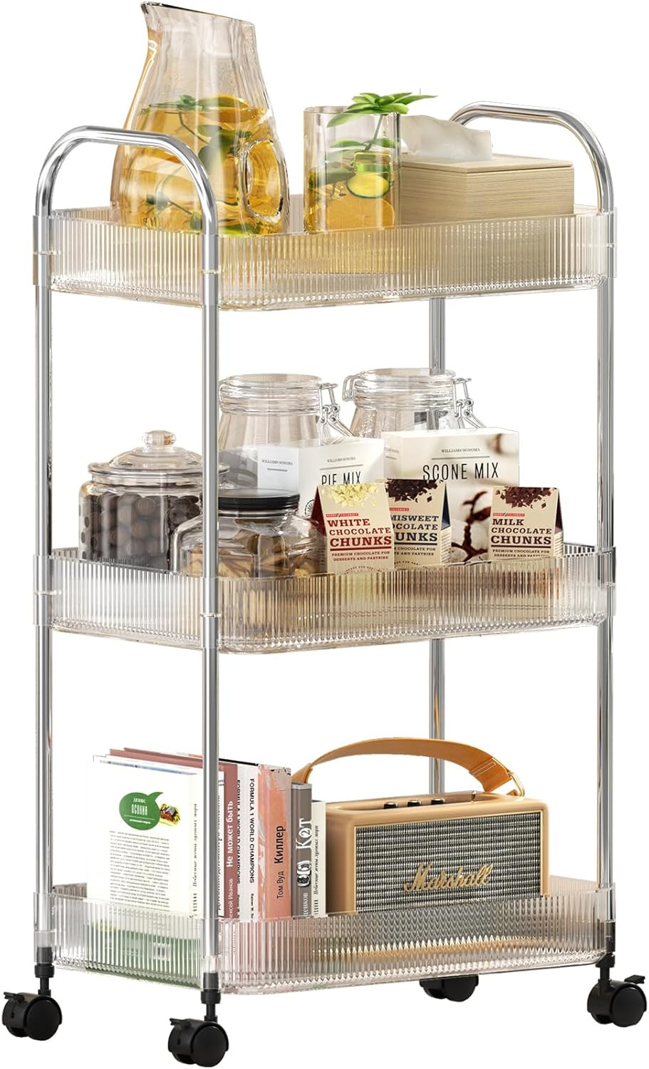 3 Tier Rolling Cart with Wheels,Utility Trolley with Handle,Clear Acrylic Movabl