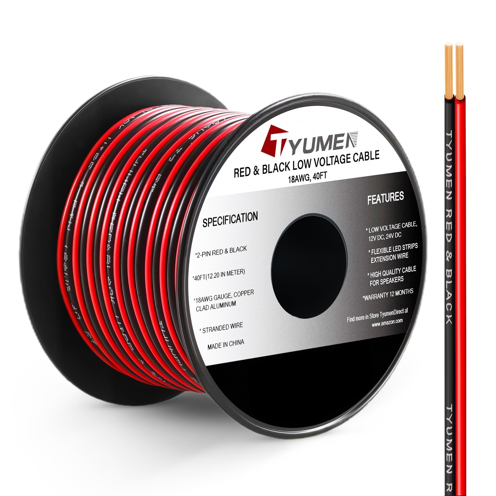 40FT 18 Gauge 2pin 2 Color Red Black Cable Hookup Electrical Wire LED Strips ...
