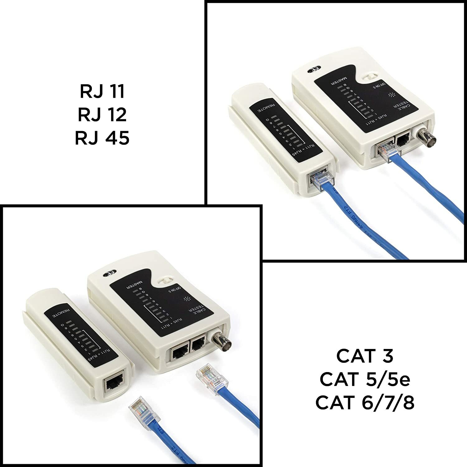Universal Network Cable Tester Tool, BNC, RJ45, RJ11 (3-in-1) Multi-Tester White