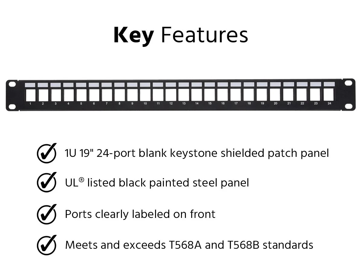 Monoprice 24-port Blank Keystone Shielded Network Patch Panel 1U UL Listed (TAA)