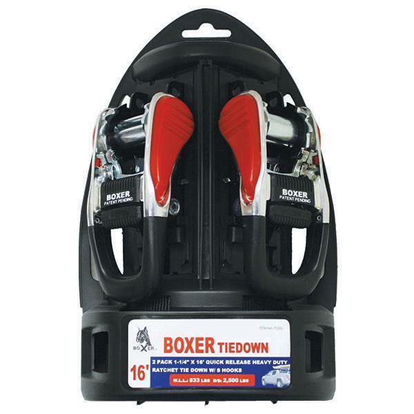 Boxer 2 Pc 1-1/4” x 16’ Quick Release HD Ratcheting Tie Down w/ S Hooks 2500 lbs