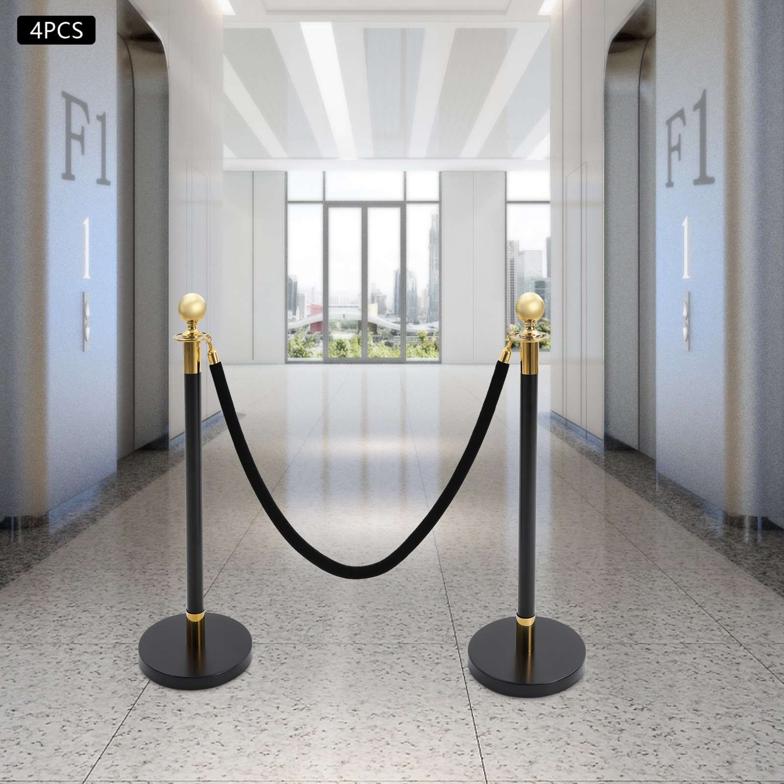4 PCS Black and Gold Stanchion Posts with Ball Top Crowd Control Barriers