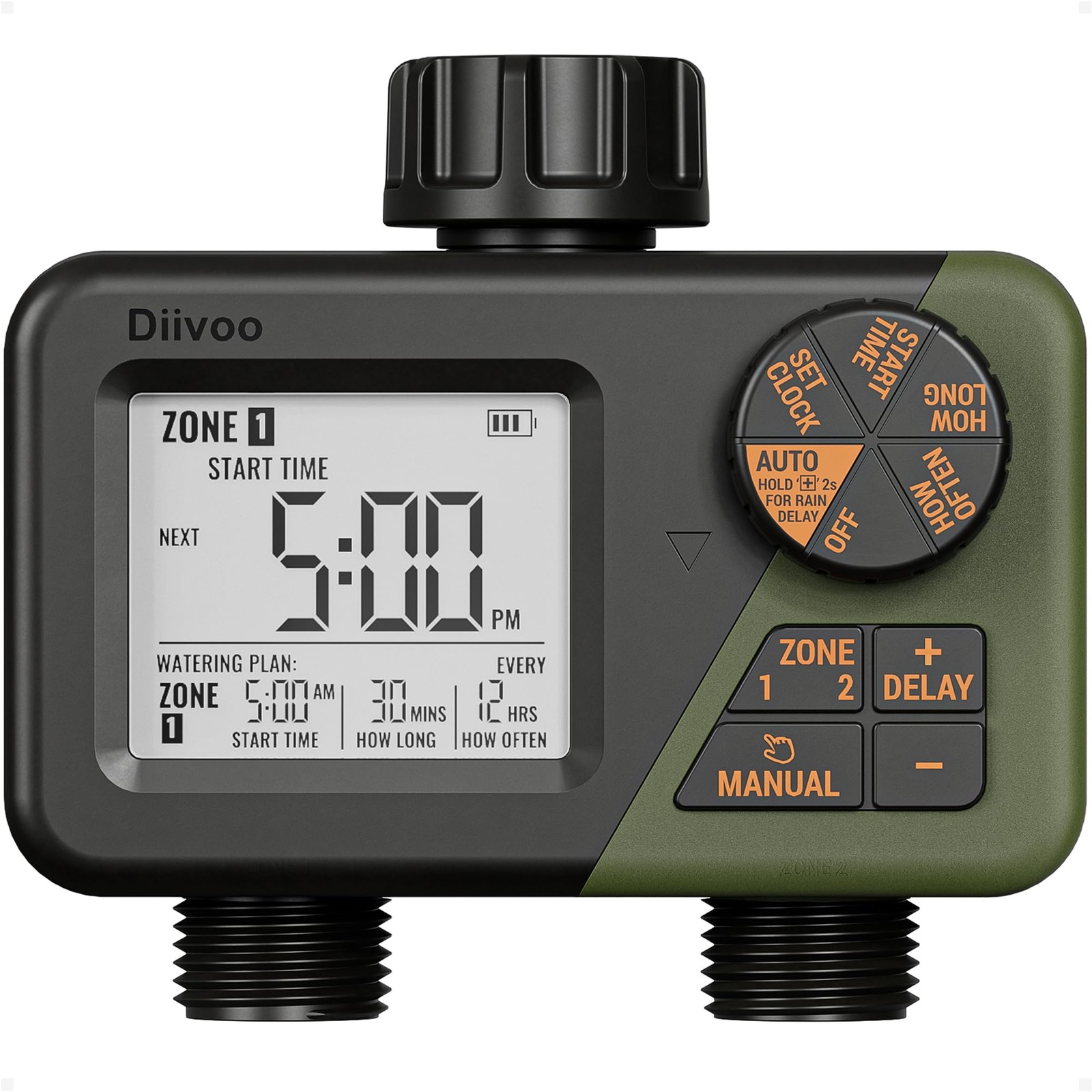 DIIVOO SPRINKLER TIMER 2 ZONE PROGRAMMABLE WATER HOSE TIMER 2 OUTLET - GREEN