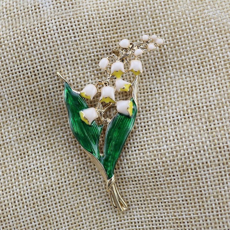 Enamel Lily of the Valley Brooch Green Flower Lapel Pin Jewelry