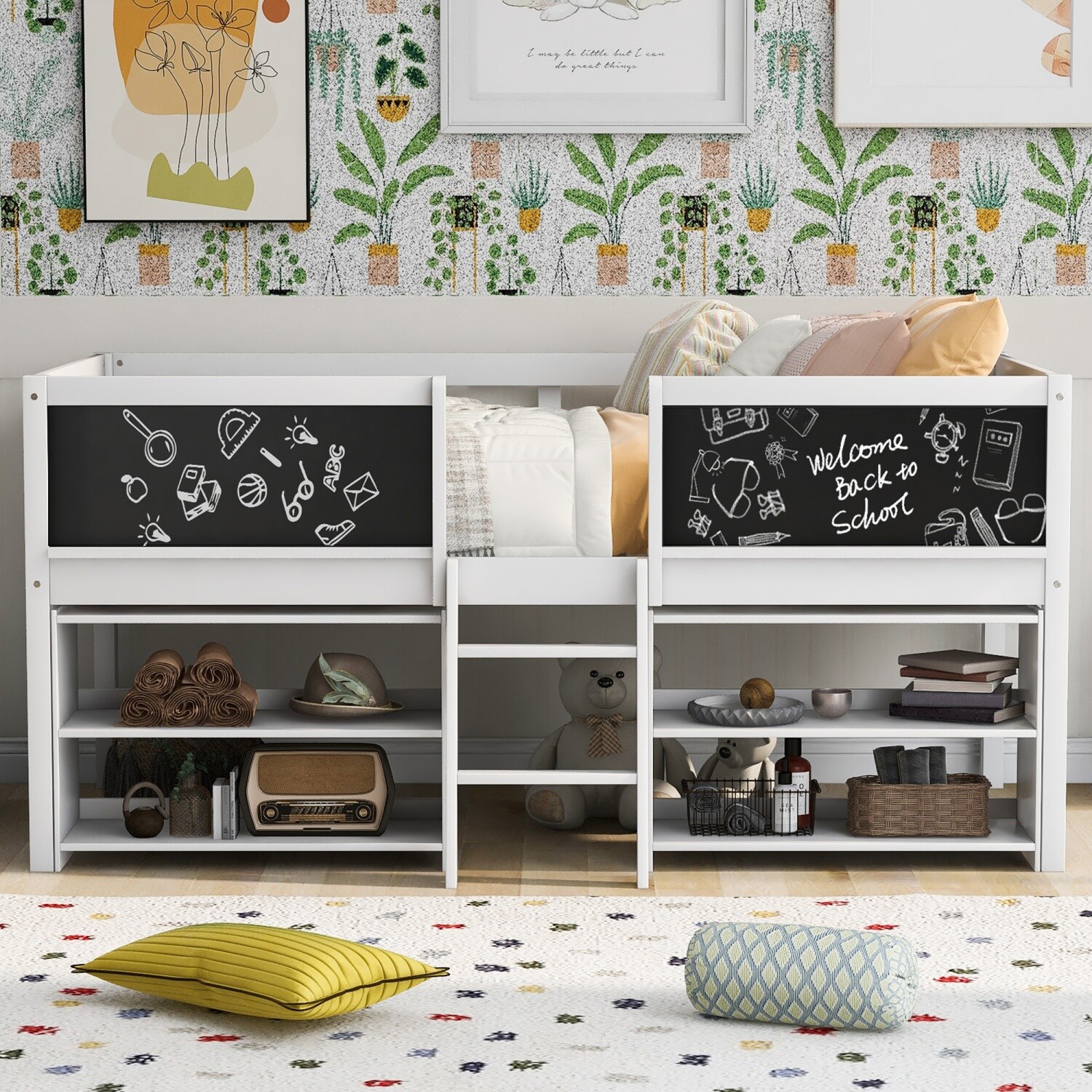 Twin Size Loft Bed Wood Bed Frame w/ 2 Movable Shelves & Guardrail Chalkboard