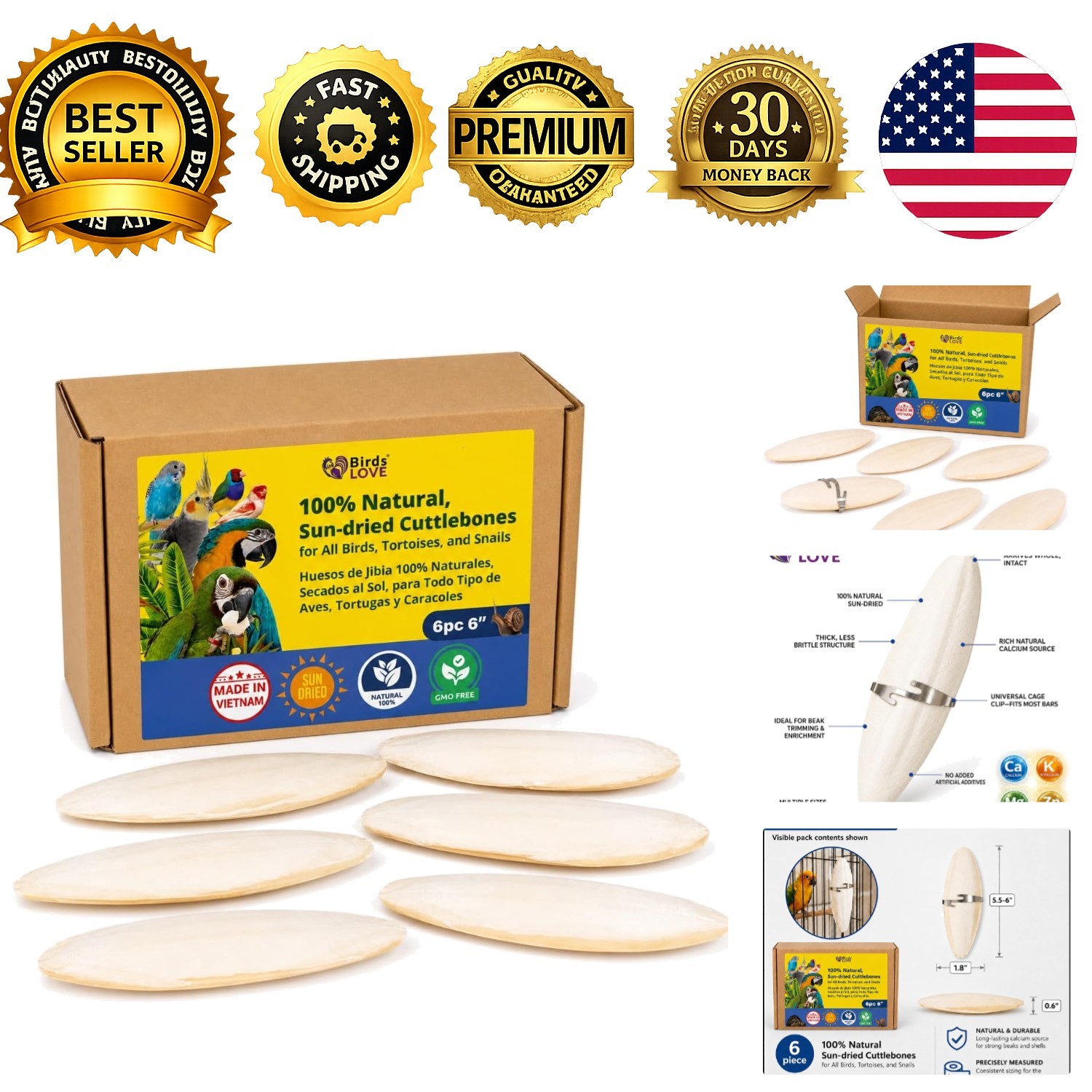 Natural Cuttlebone 5.5-6 Inch for Birds Calcium Beak Conditioning 6 Pack with