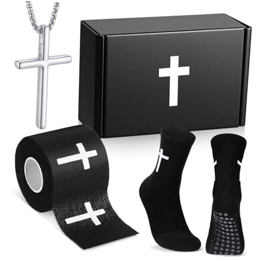 4 Pack Christian Sports Gift Set with Athletic Tape Sport Socks Black Cross