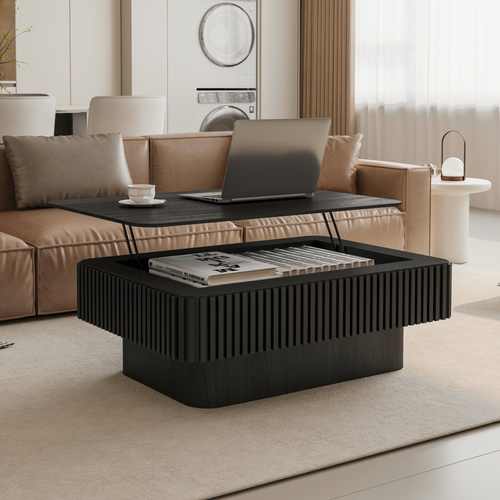 38.6'' Fluted Lift-top Coffee Table Solid Wood Veneered Modern Coffee