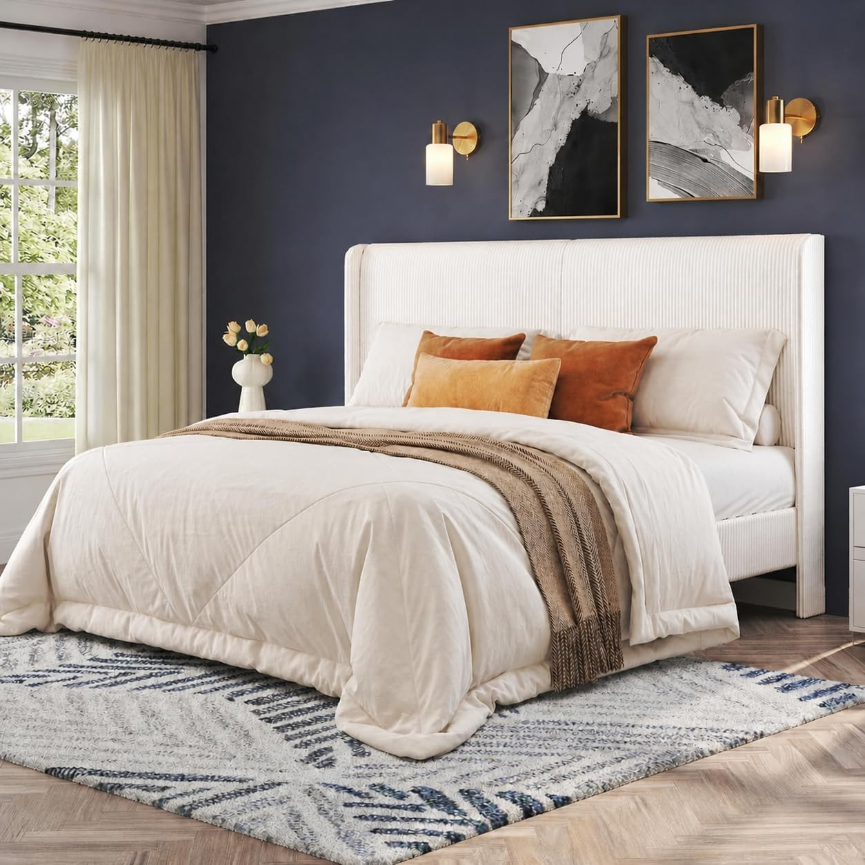 Queen Bed Frame, Upholstered Platform Bed with Corduroy Headboard, Cream | No Bo