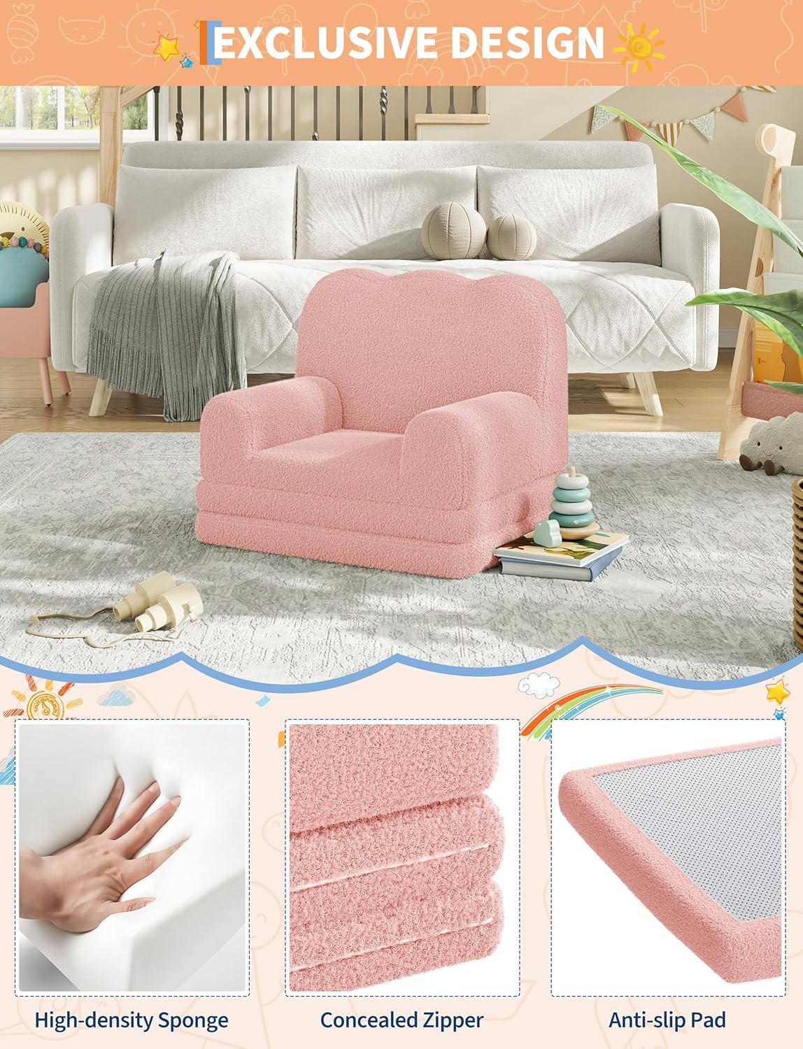 Kids Couch, Folding Sofa Bed, Kids Girls Chair, Fold Out Chair to Lounger Pink