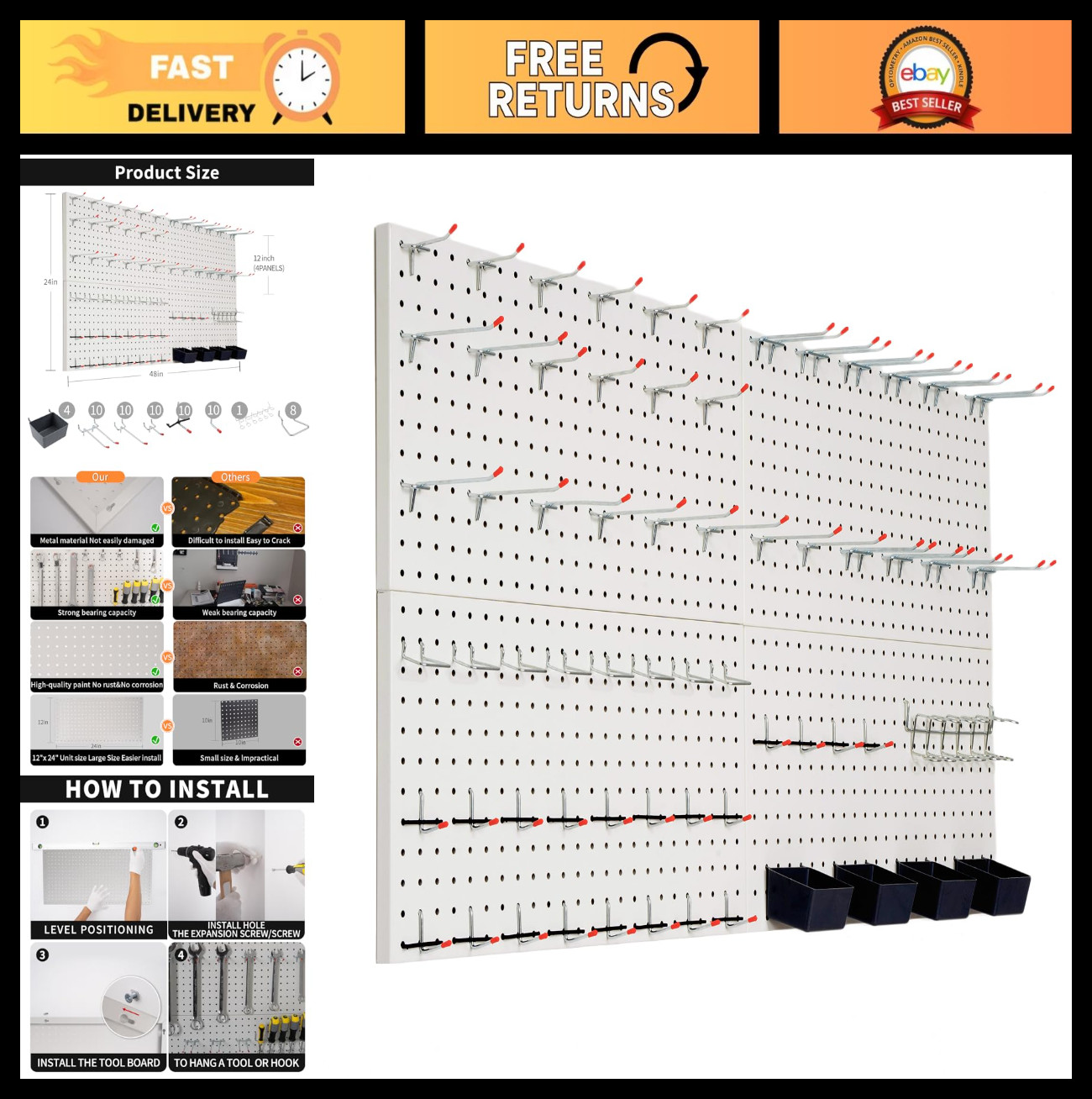 48x24" Wall Pegboard Organizer with 63 Hooks - Metal Tool Storage & Garage Acces