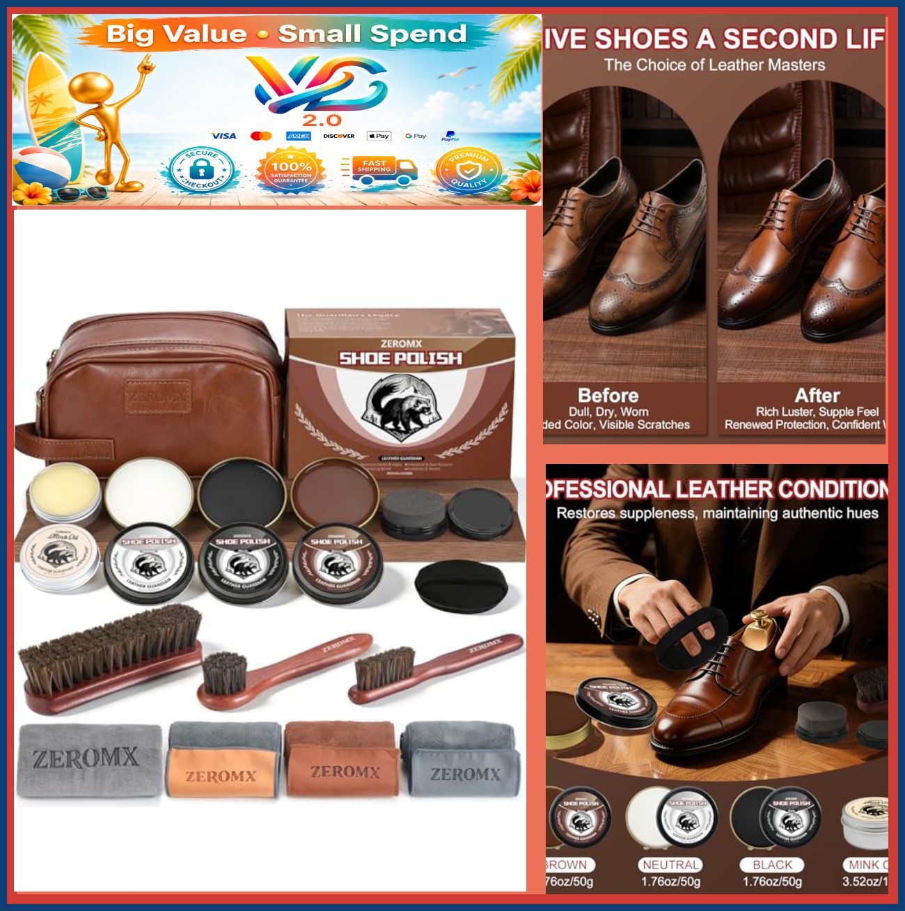Shoe Care Kit 14Pcs Leather Shoe Shine Kit Mink Oil Horsehair Brush Black Brown