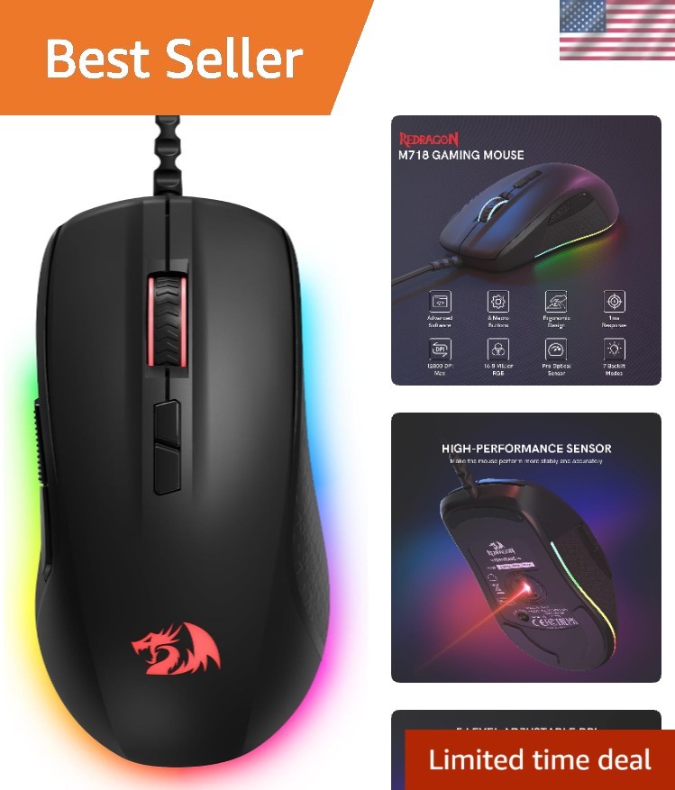 Wired Gaming Mouse, Black PC Gaming Mice with RGB Backlits, 7 Programmable Ma...
