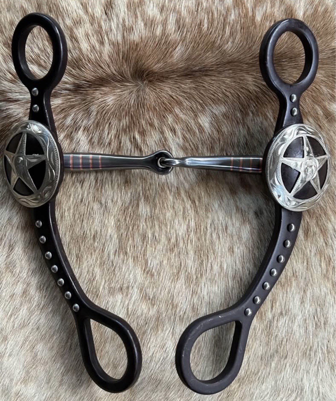 Western Snaffle Style Bit 5” Mouth Star Design Engraved Silver On Brown Steel