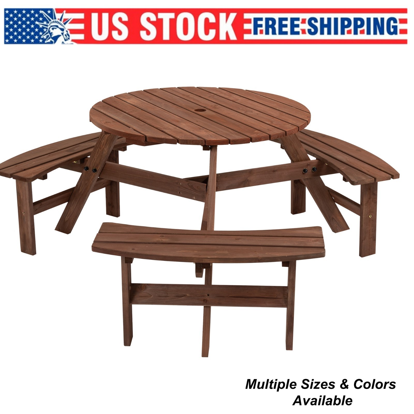 Round Wooden Picnic Table 6/8/10-12 Person w/ Benches, Umbrella Hole – Fir Wood