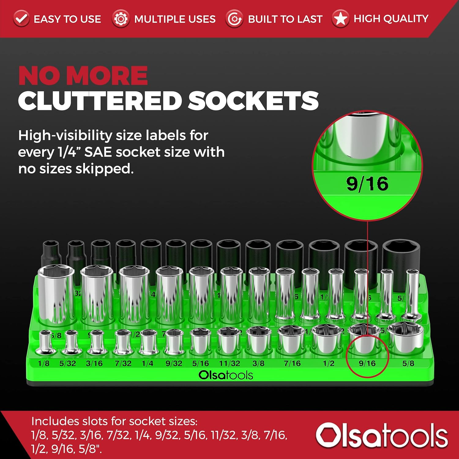 Magnetic Socket Organizer - 3 Rows, 1/4" Drive, SAE