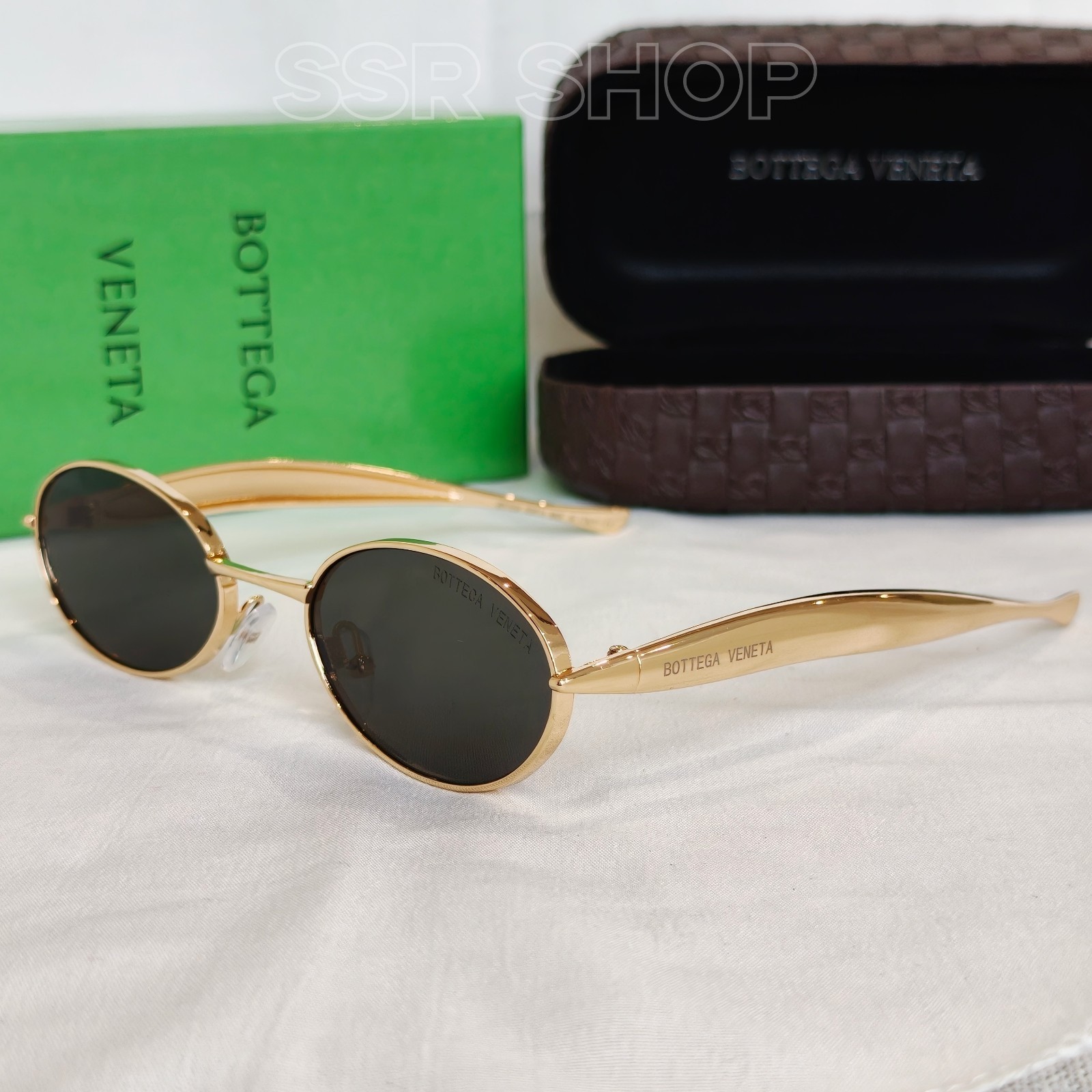 Bottega Veneta Oval Black Lenses Gold Frame Sunglasses Free Case