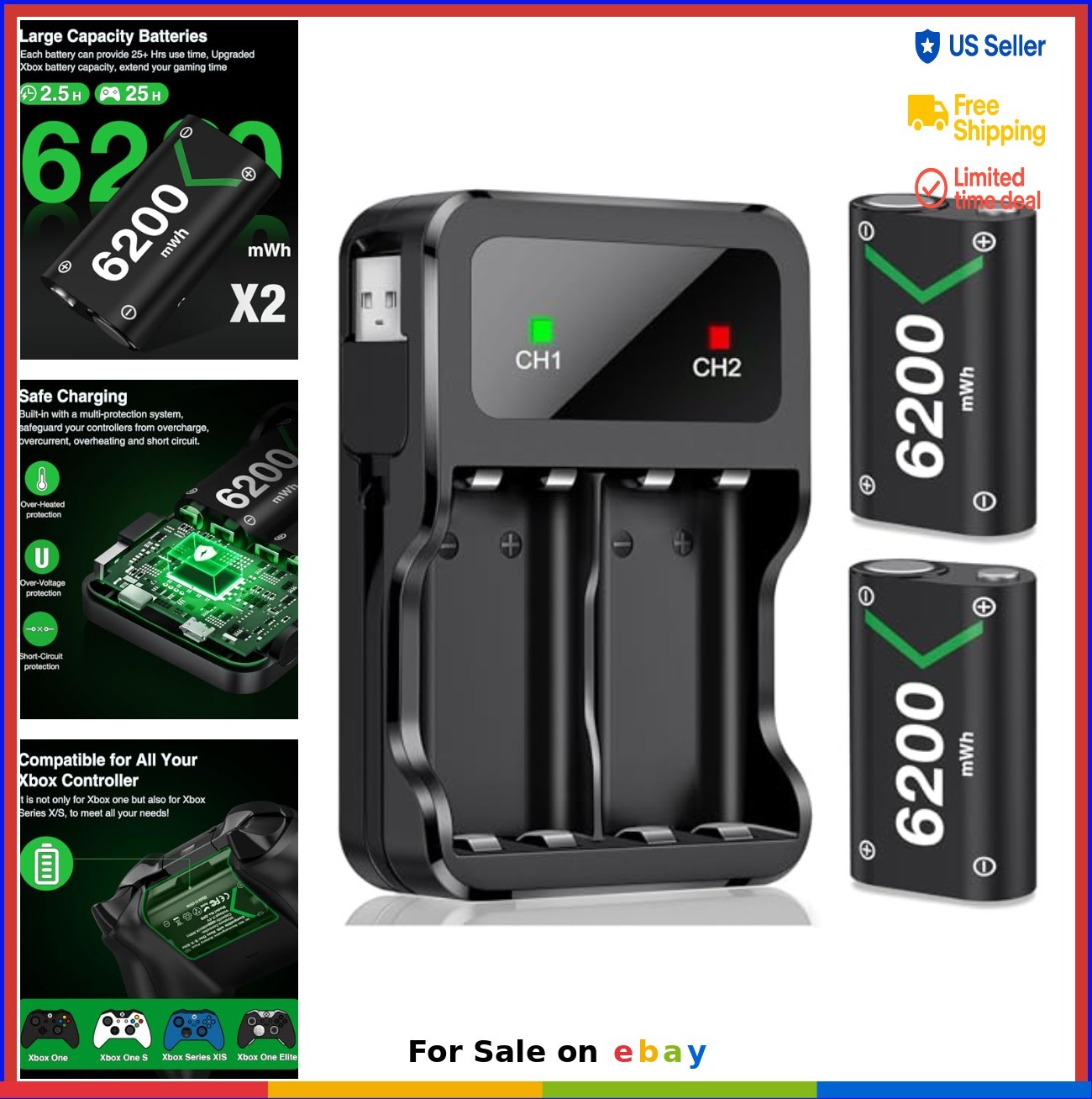 Xbox Controller Battery Pack 2x 6200mWh Rechargeable Fast Charging Charger