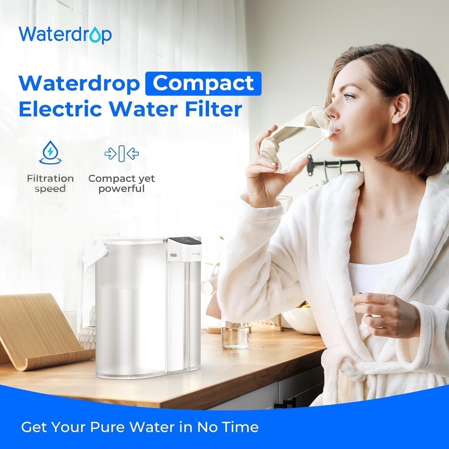 Waterdrop Compact Electric Water Filter Pitcher,200GallonWater Filter for Fridge