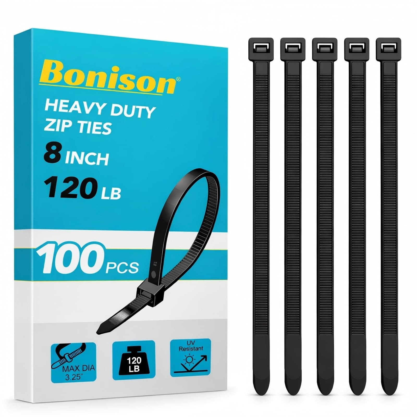 Zip Ties 8 inch Heavy Duty Zip Ties with 120 Pounds Tensile Strength, Black C...