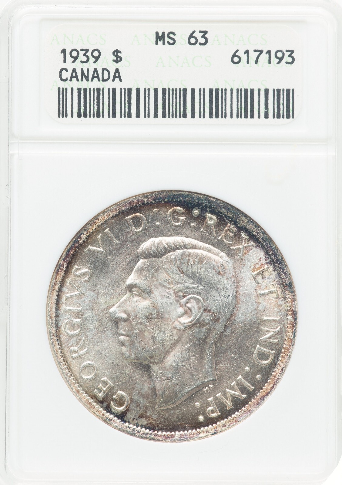 Canada 1939 Silver Dollar - ANACS MS-63 - ATTRACTIVE TONING!