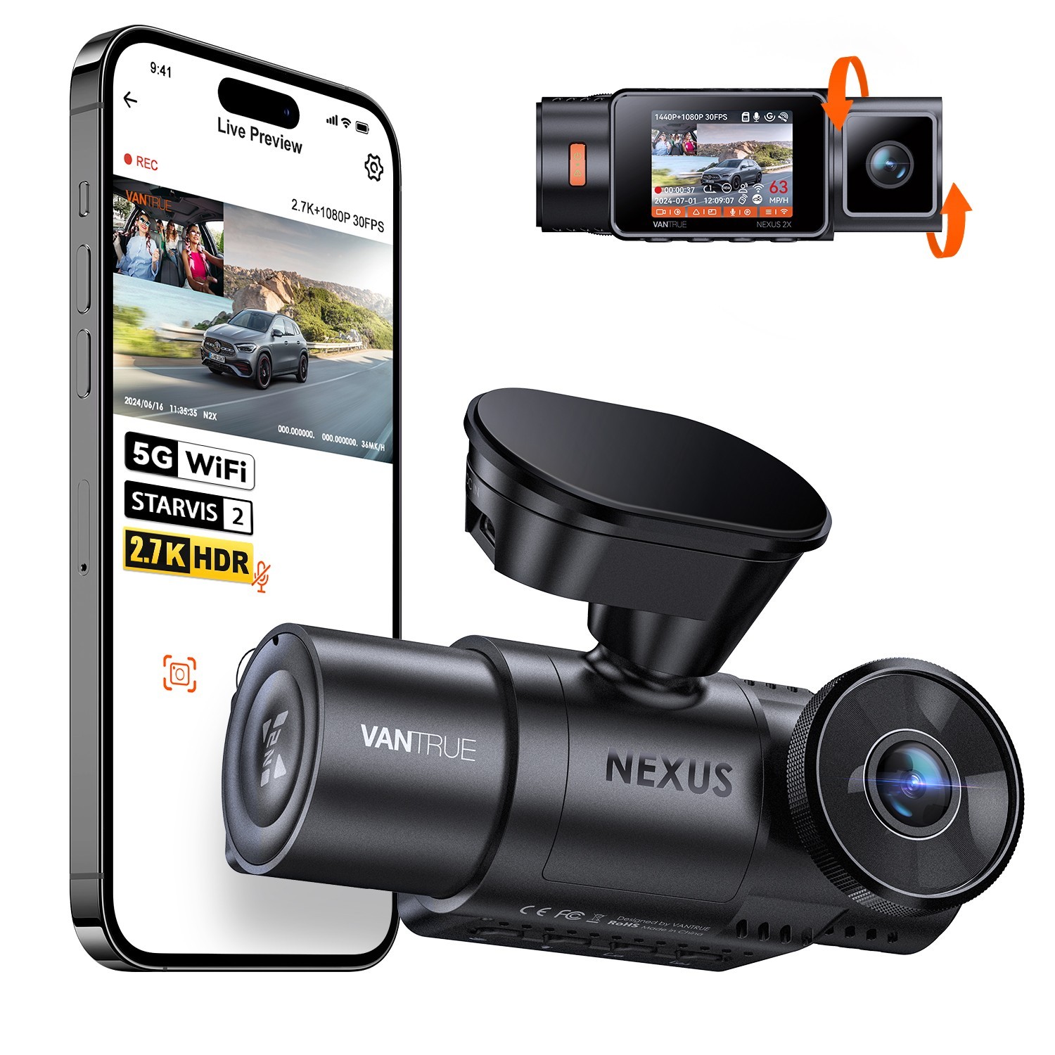 Vantrue N2X 2.7K Front & Inside Dash Cam 5G WiFi GPS IR Night Vision STARVIS 2