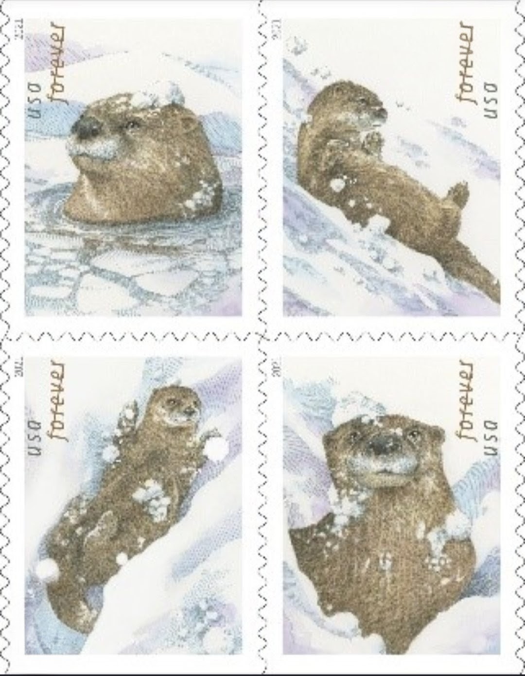2021 Otters In Snow Forever USA Stamp Booklet, Multicolor